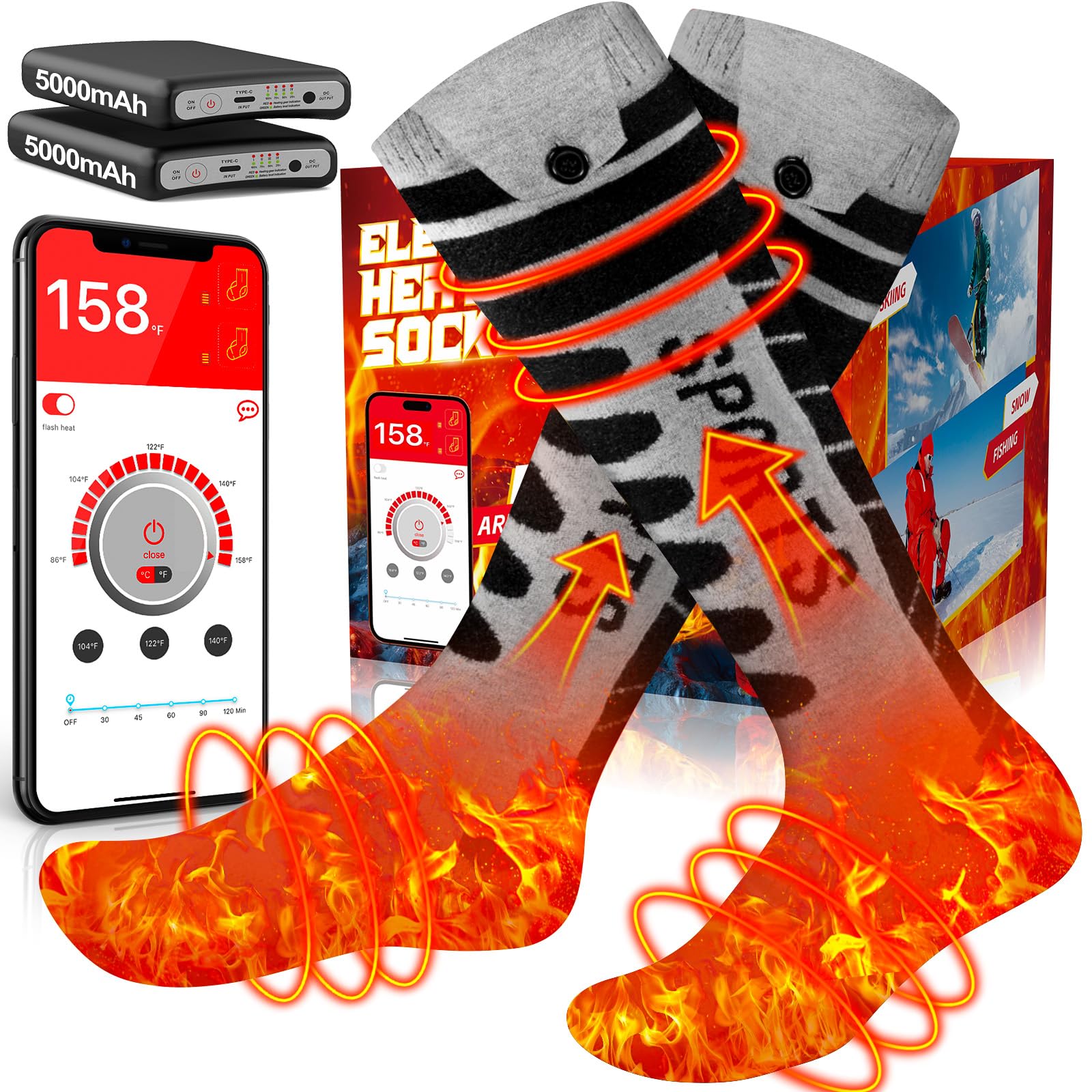 Heated Socks, Heated Socks for Men Women with 4 Heating Settings & APP Control, 5000mAh Rechargeable Battery Heated Socks, Washable Unisex Winter Electric Socks Foot Warmer for Hunting Camping Skiing