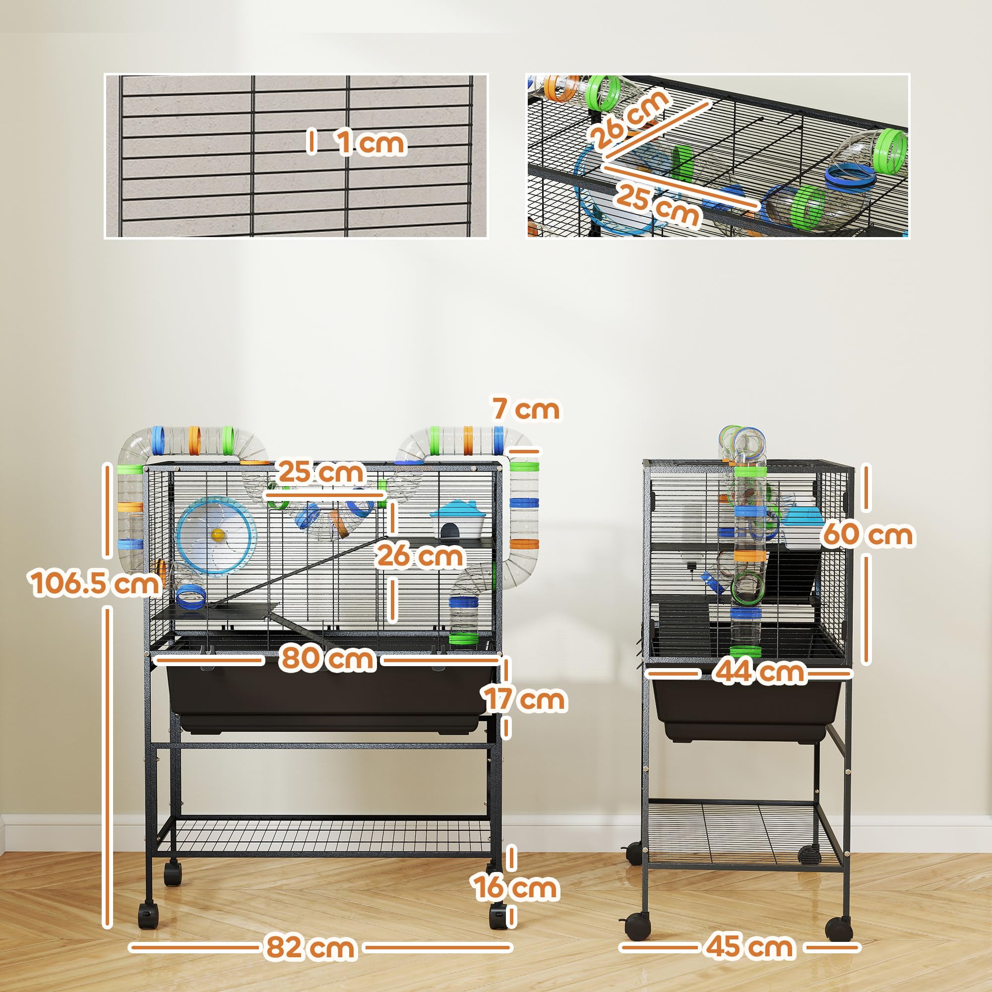 PawHut Hamster Cage, 3 Tier Large Gerbil Cage on Wheels with 17 cm Deep Tray, Storage Shelf, Big Exercise Wheel, Tube System, Hut, Platforms, Ramps, Food Dish, Water Bottle, for Syrian Hamsters, Rats