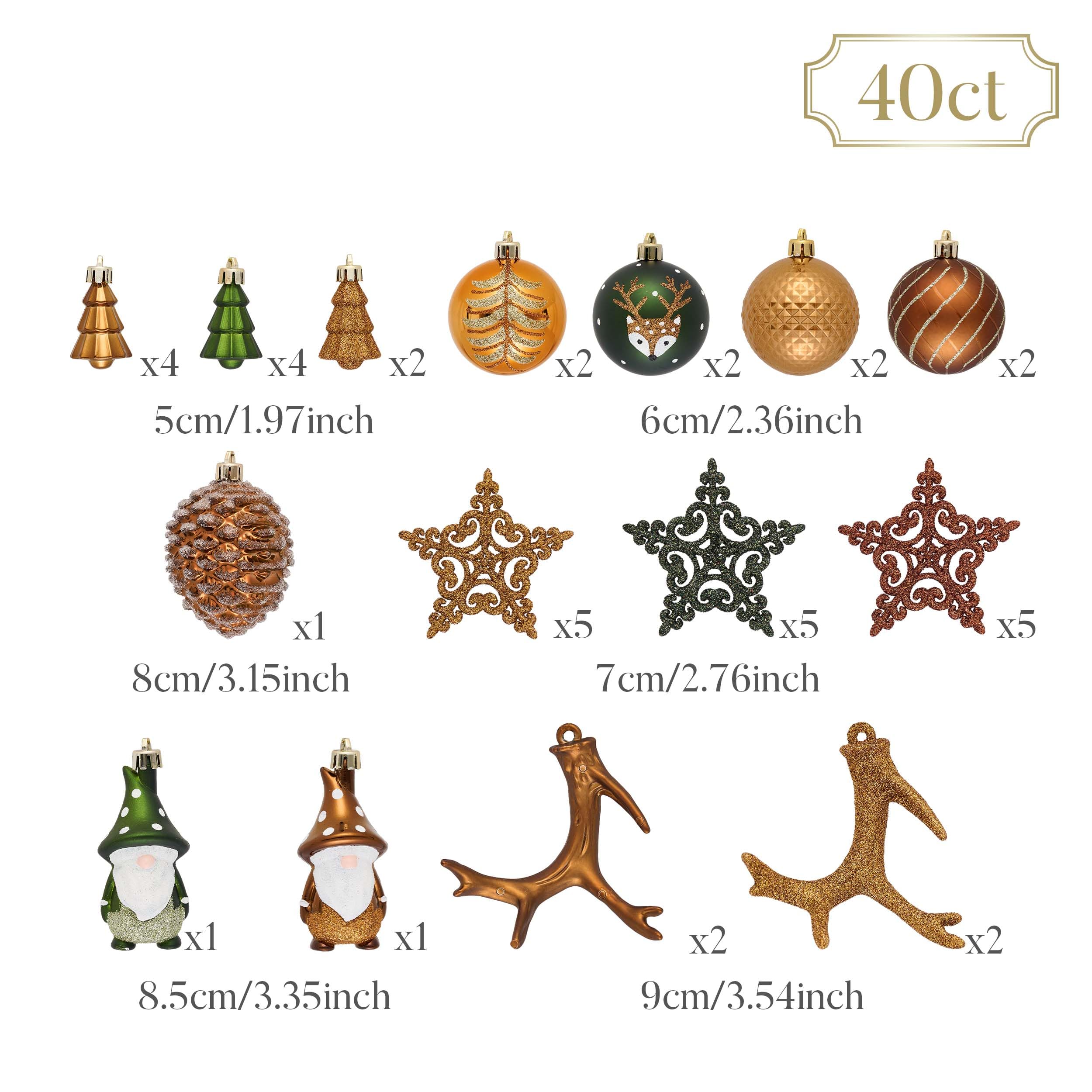 Valery Madelyn Weihnachtskugeln Set, 40pcs Christbaumkugeln Kunststoff Weihnachtskugel Bronze Weihnachtsdeko mit Geschenkpaket Aufhänger Weihnachtsbaumschmuck Waldland Thema(Bronze Grün)