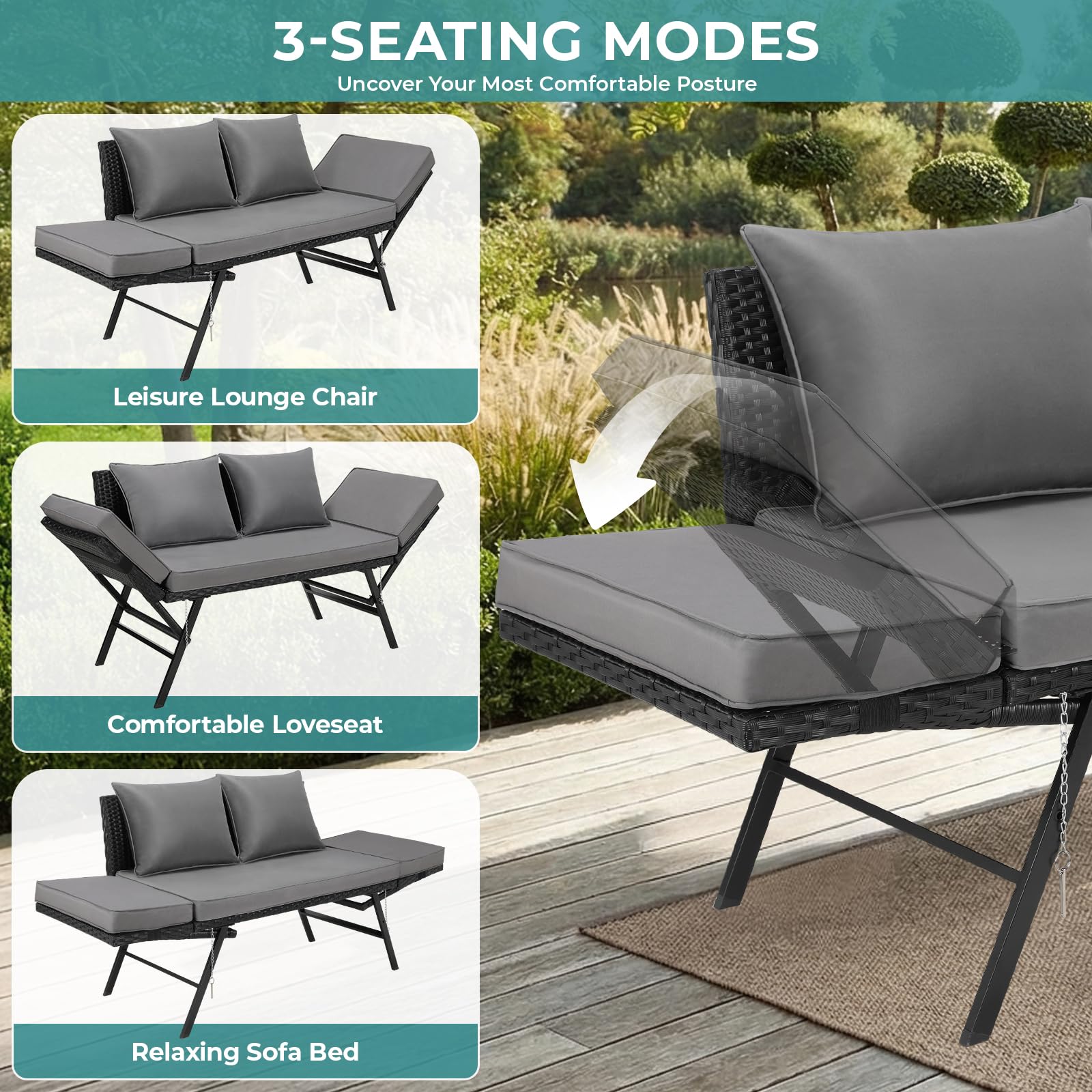 LIFERUN Gartenbank Polyrattan mit Liegefunktion, 2-Sitzer Polyrattan-Möbel, Rattan Gartensofa mit Verstellbare Armlehnen, Gartenbank Wetterfest für Garten, Balkon,Terrasse (Schwarz),2PCS Kissen