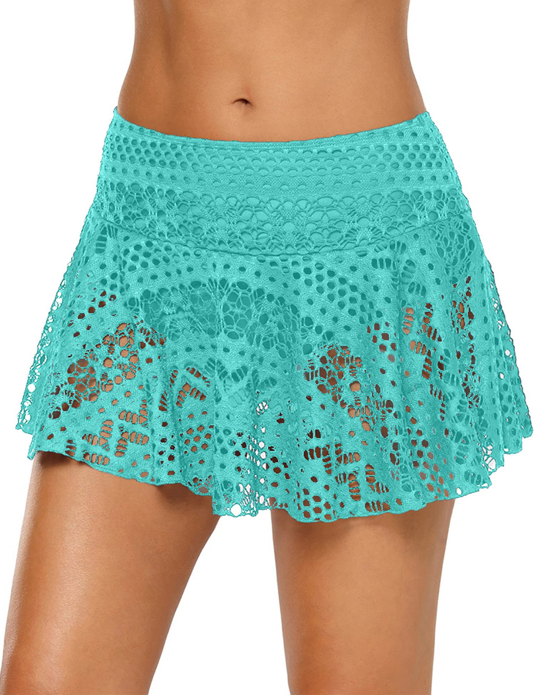 iClosam Baderock Damen Spitze mit Innenslip Aushöhlen Bikini Rock Kurz 2 in 1 Bikinirock High Waist mit Short Bauchweg Schwimmrock Strandrock für Beach Swimming Pool S-XXL