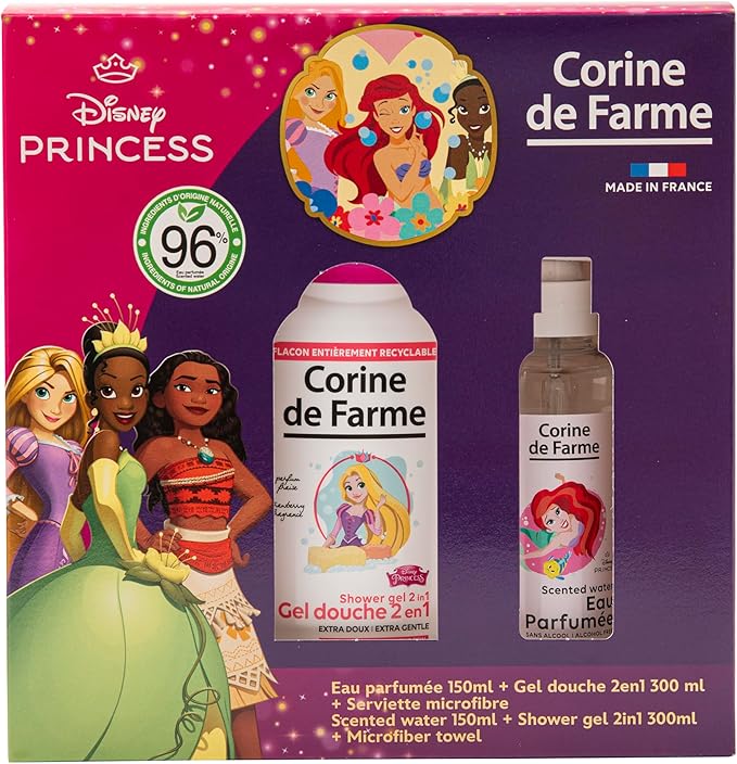 Corine de Farme - Coffret Princesses : Eau Parfumée 150ml Coco + Gel Douche 2en1 300ml Fraise + Serviette Microfibre Enfant 3+ Ans - Ingrédients Naturels - Peaux Sensibles