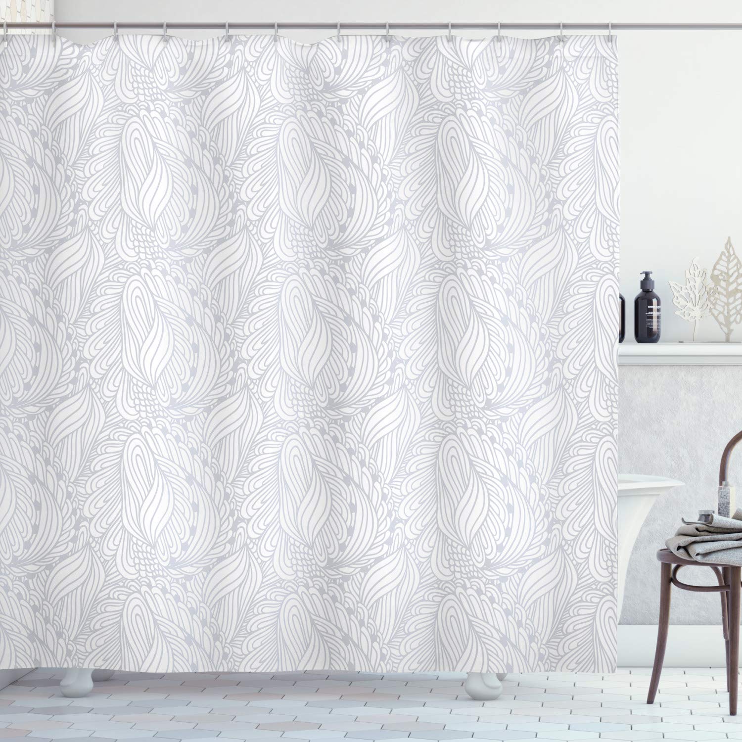ABAKUHAUS Grijs en Wit Douchegordijn, Botanisch, stoffen badkamerdecoratieset met haakjes, 175 x 220 cm, Grijs wit