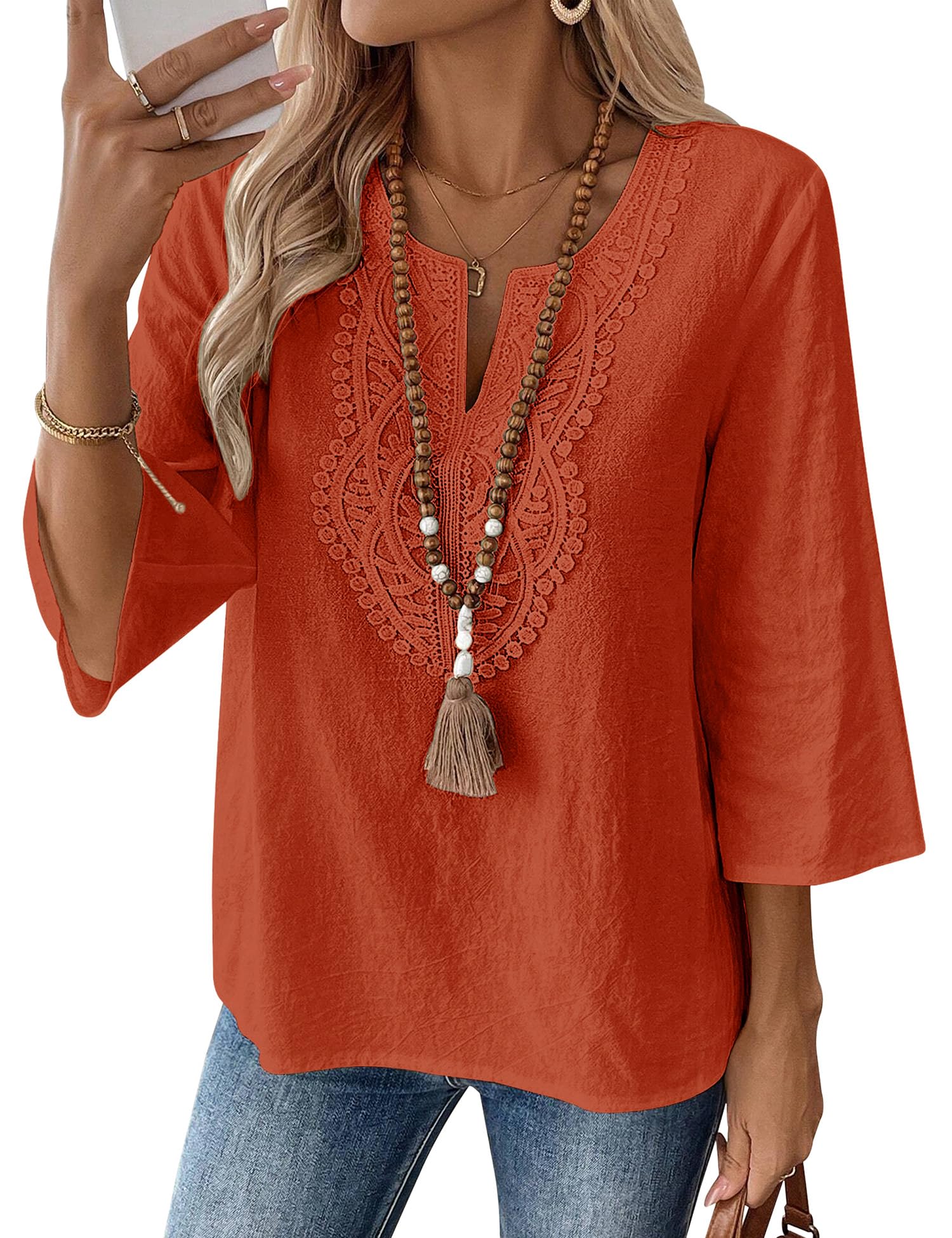 Womens 3/4 Sleeve Tops Cotton Linen Shirts V Neck Lace Casual Loose Fit Blouses Boho Fashion