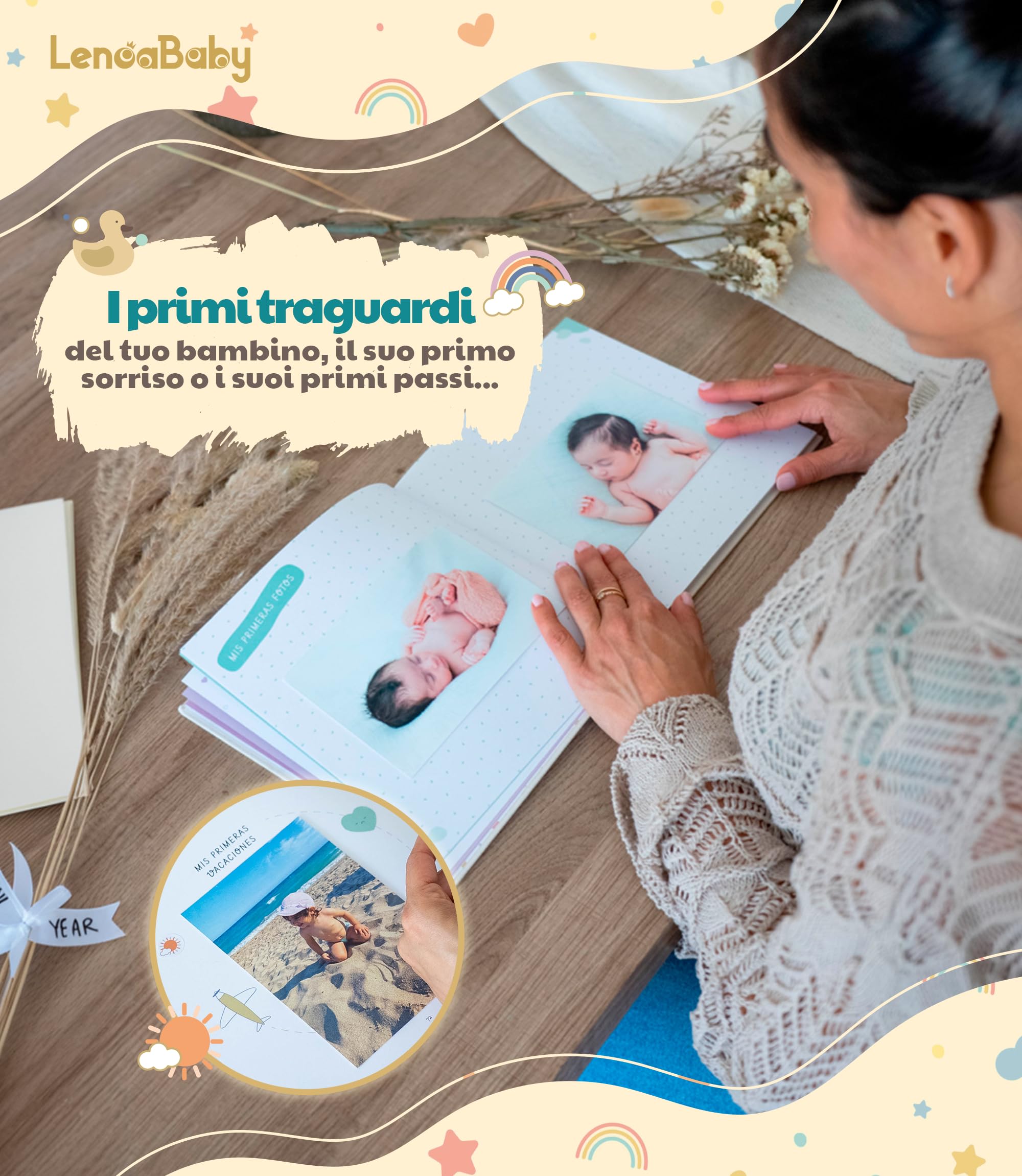 Album Nascita Bambina e Bambino Il Mio Primo Anno Copertina In Lino e 75 Pagine + Adesivi | Libro Ricordi Neonato Ideale per Regali Nascita Bimba/o | Album Fotografico Neonato per Regali Baby Shower