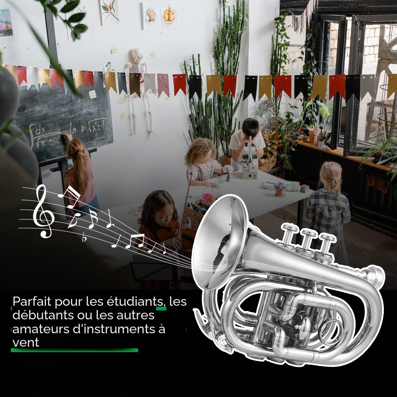 HUIOP Petit, Trompette en SIB Mini Trompette de Poche avec Embouchure Sac de Transport Gants Chiffon de Nettoyage Instrument en Cuivre,Trompette de Poche,Petit