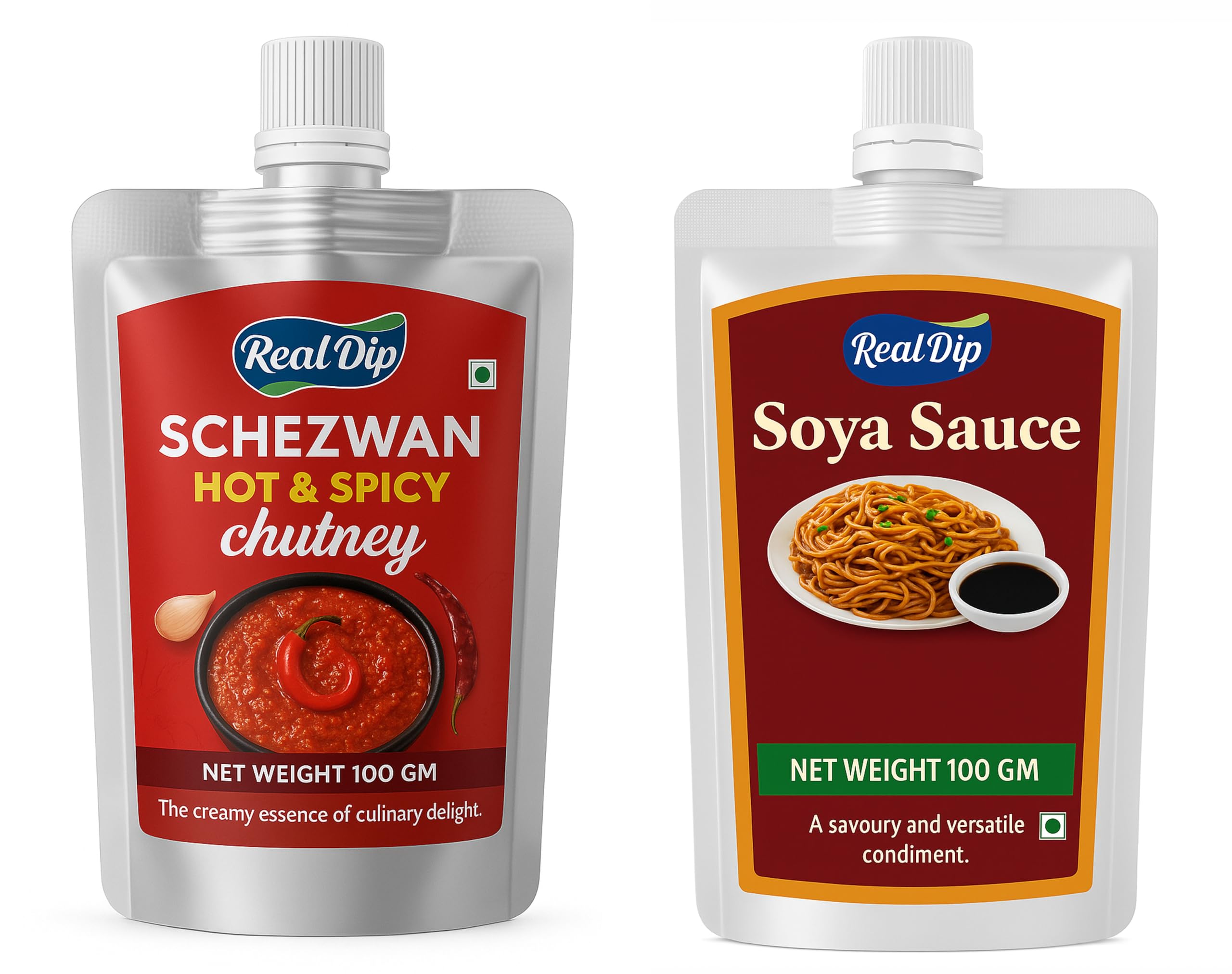 real dip schezwan hot & spicy chutney and soya sauce combo, 100g each, pack of 2