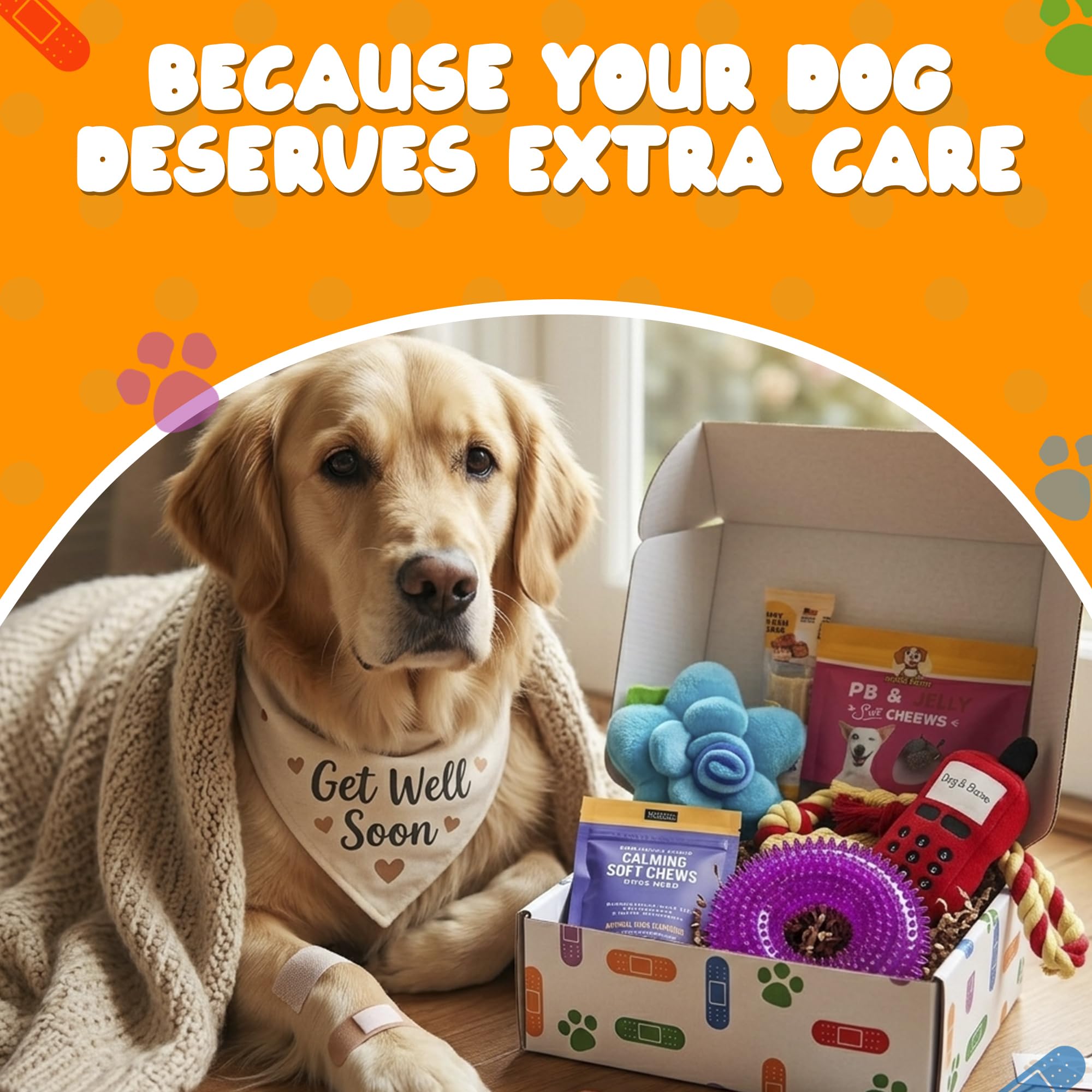 Get Well Soon Dog Gifts, Dog Care Package, Puppy Gift Basket with 3 Dog Treats and 4 Toys, Adorable Puppy Gift Basket, Pet Care Package