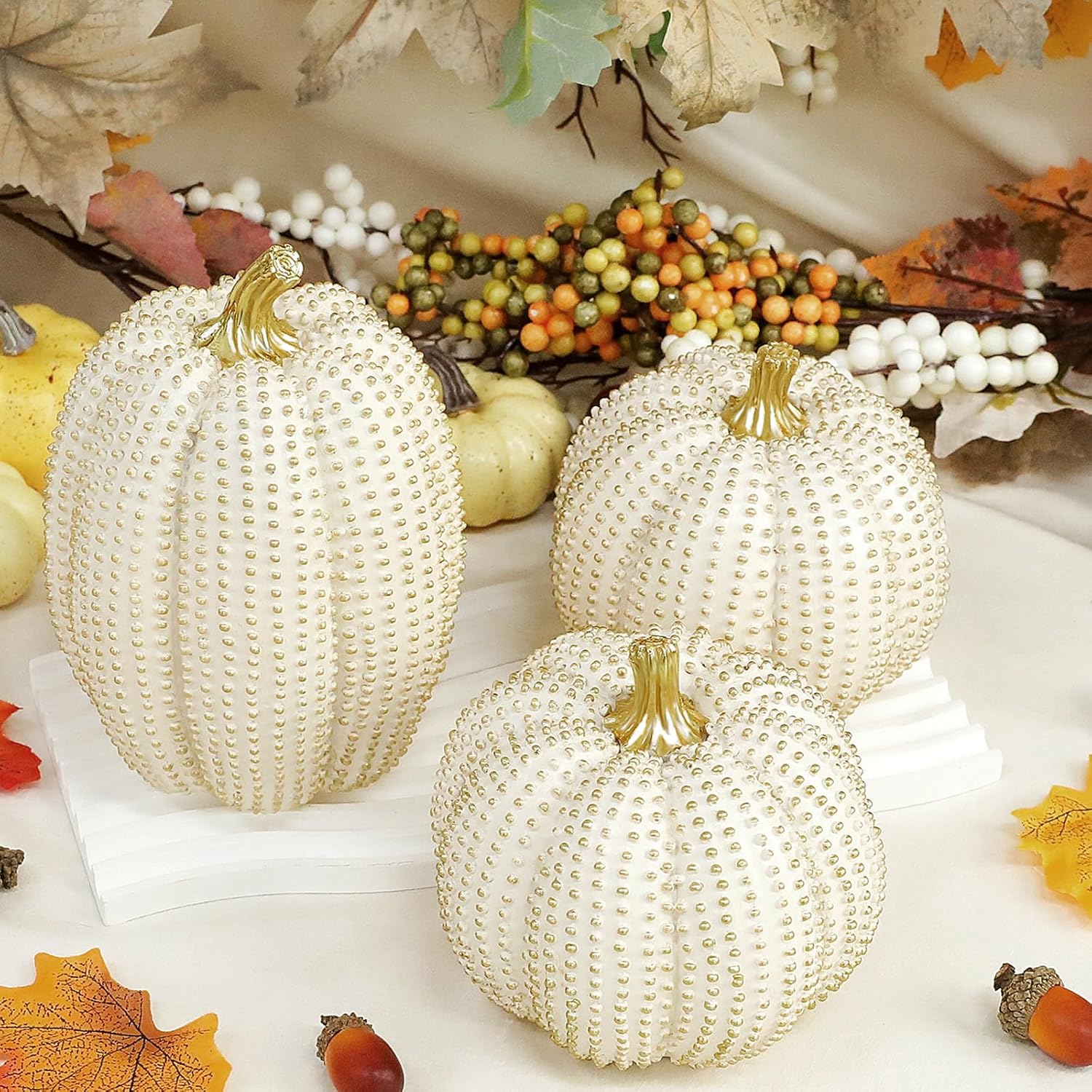Fangoo White Artificial Pumpkins for Fall Tabletop Decor Indoor 3PCS Fake Resin Pumpkins Figurines Halloween Autumn Harvest Thanksgiving Decorations for Table Centerpiece Fireplace Home Office Party
