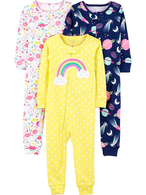 Simple Joys by Carter's Toddler Girls 3-pack Snug-fit Footless Cotton Pajamas, dinosaur, space, rainbow, 2T by Simple Joys by Carter's - Used condition - US$23.98