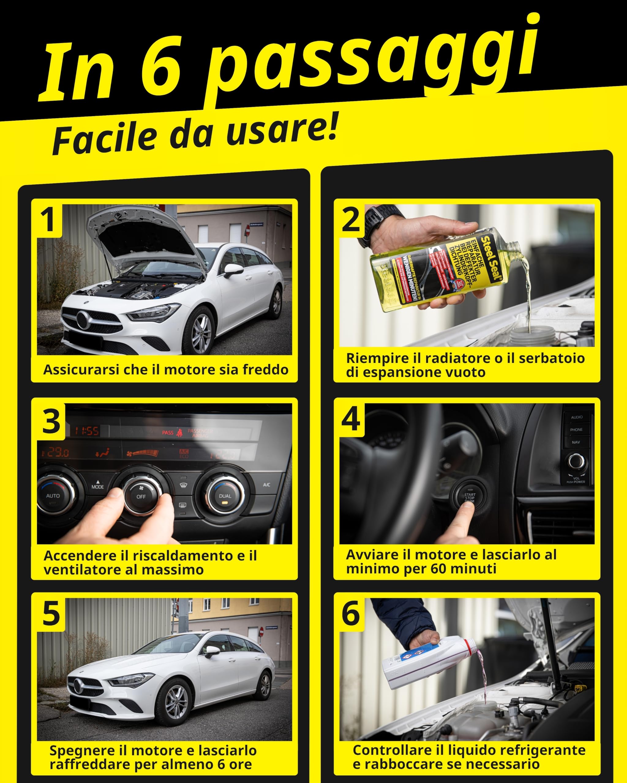 STEEL SEAL Sigillante guarnizione testata – Ripara la guarnizione, ferma la perdita di liquido refrigerante e previene danni al motore senza officina – Adatto a tutti i motori raffreddati ad acqua