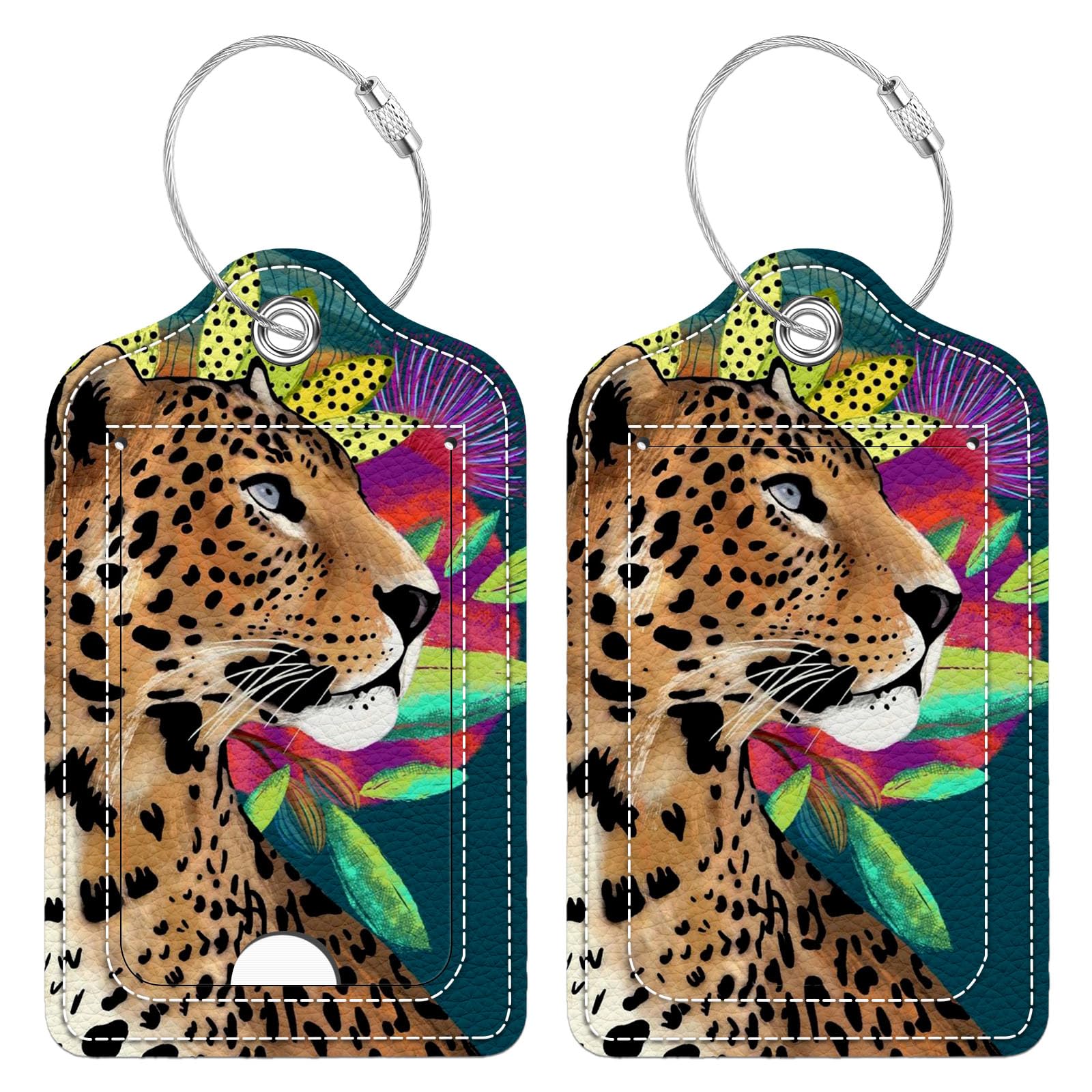 Bvkilrvc 2 Pcs Luggage Tag for Suitcase, Leopard Flower Unique Leather Suitcase Tags with Full Privacy Cover Stainless Steel Loop for Women Men Travel