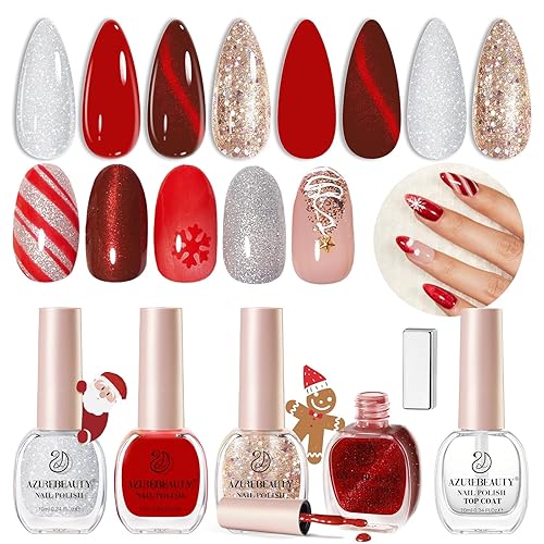 AZUREBEAUTY Red Christmas Nail Polish Set Quick Dry Silver Glitter