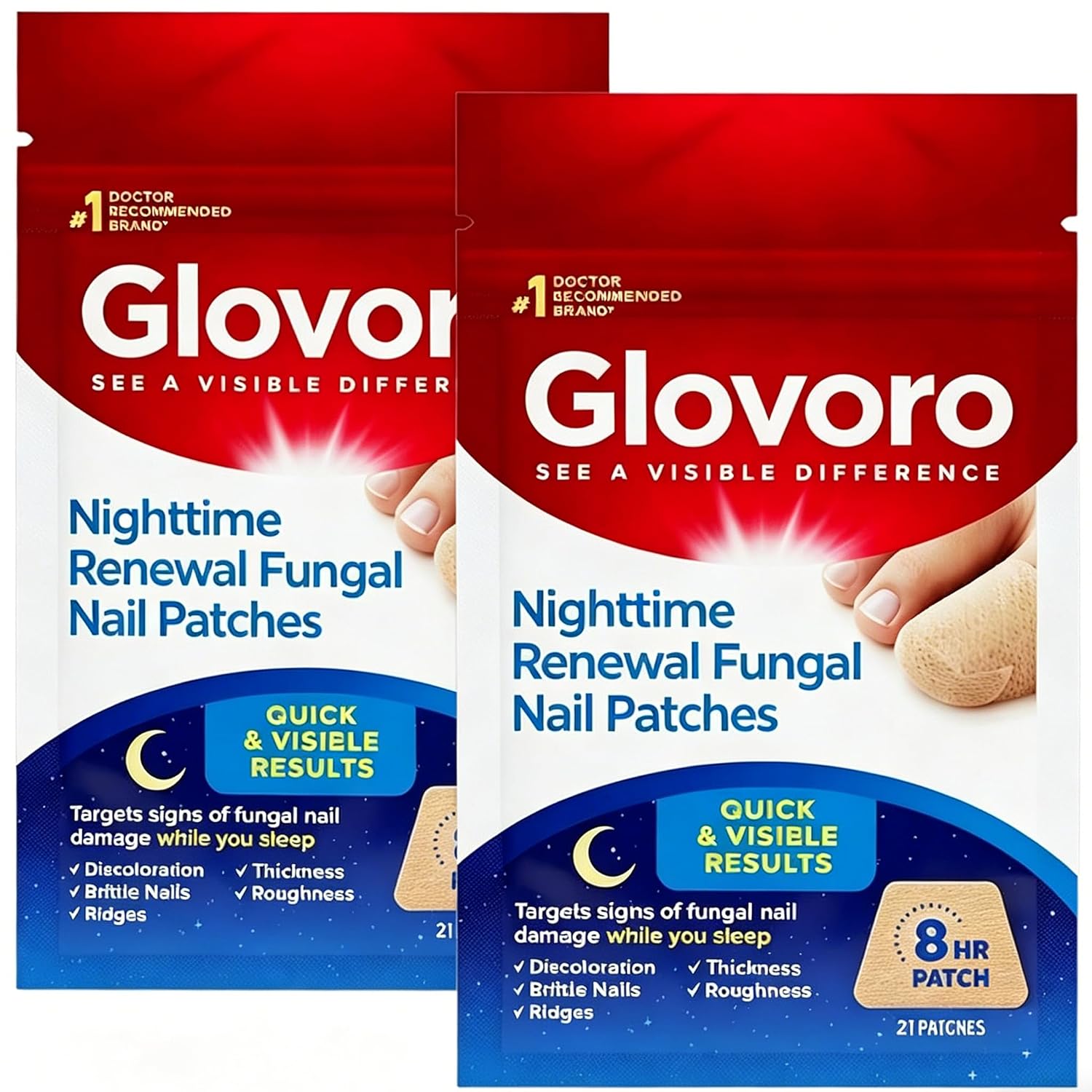 Glovoro Nail Recovery Patches – Fast-Acting Hydrogel for Weak, Thick or Damaged Toenails, Overnight Deep Repair, Non-Irritating, Men & Women, 2 Patches