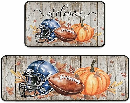 Alfombras de cocina de fútbol de otoño, decoraciones de otoño para el hogar, parte trasera antideslizante, diseño de hojas de arce y calabaza,