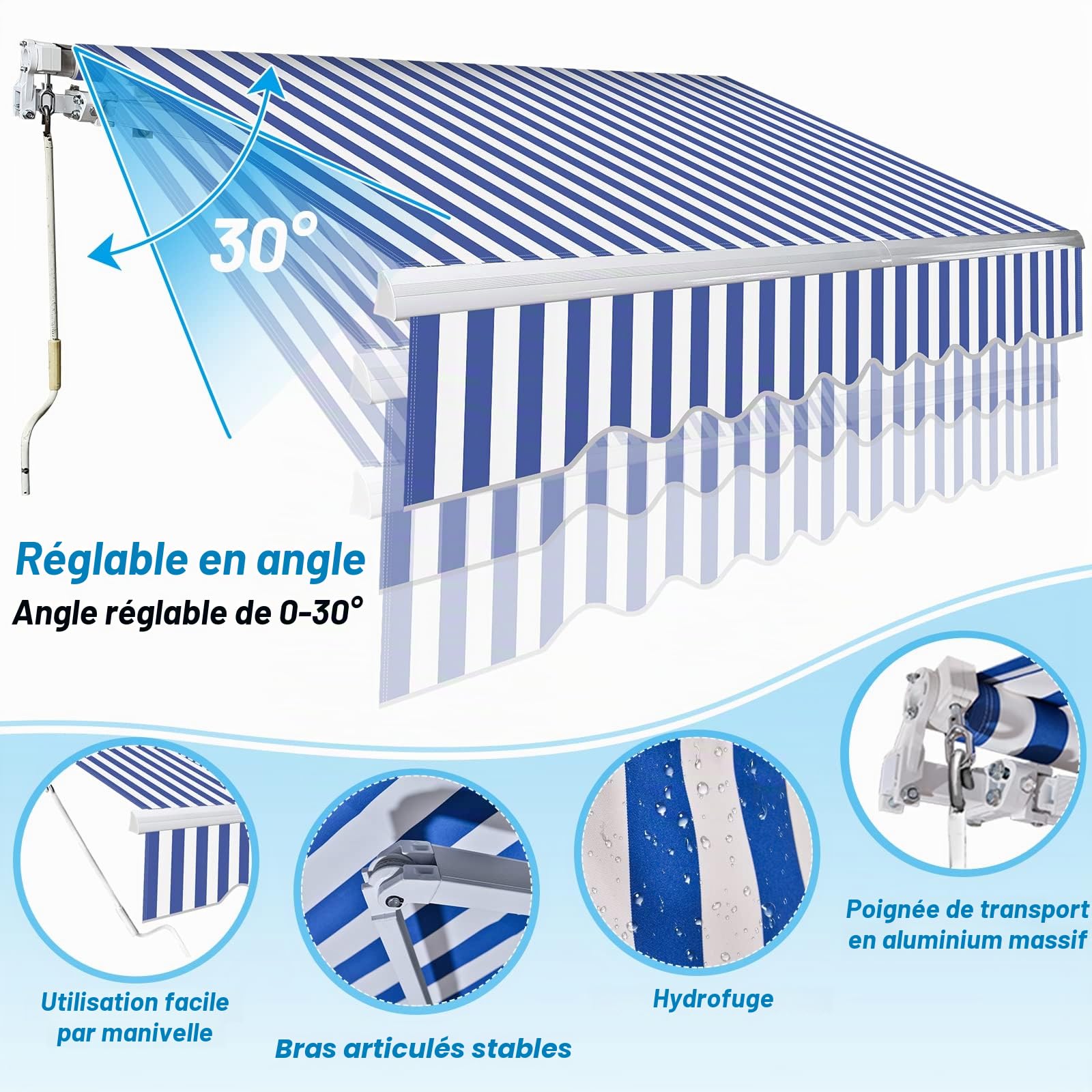 Store Banne Manuel, 350x300cm Bleu-Blanc Store de Terrasse en Aluminium et Polyester avec Manivelle, Auvent Rétractable à Bras Repliable, Angle Réglable 0-30°, Résistant aux UV