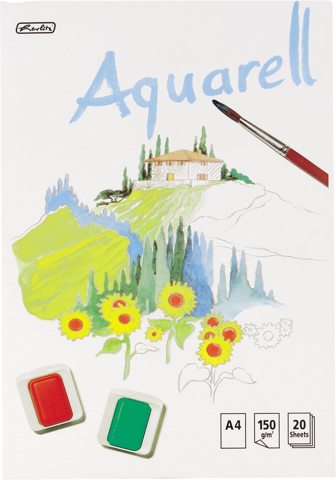 Herlitz 495457 Aquarellpapier, Aquarellkarton, A4, 150 g/qm, 20 Blatt/Kombi-Set (12 Blöcke + 15 Borstenpinsel)