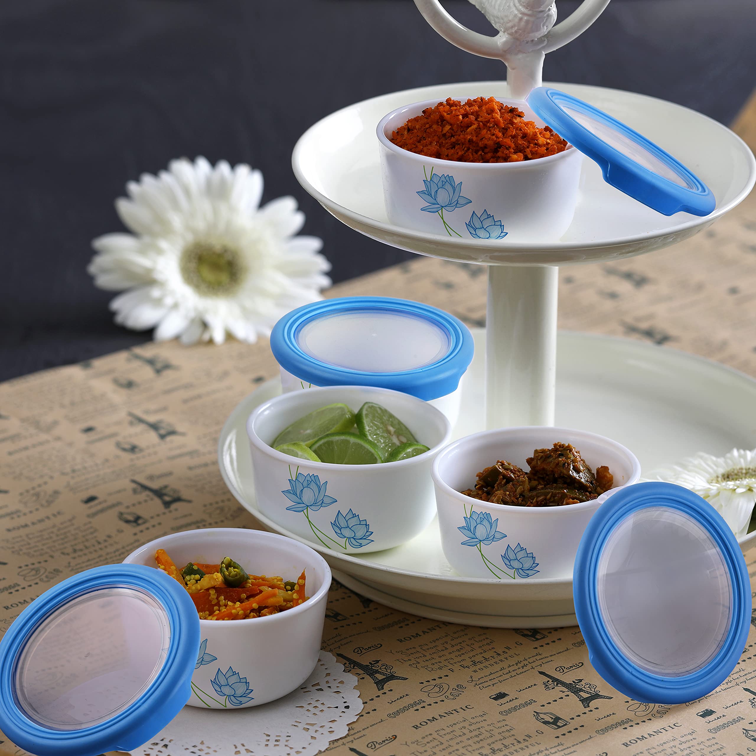 CelloOpalware Condiment Set, Neelkamal, 6pcs, White and Blue