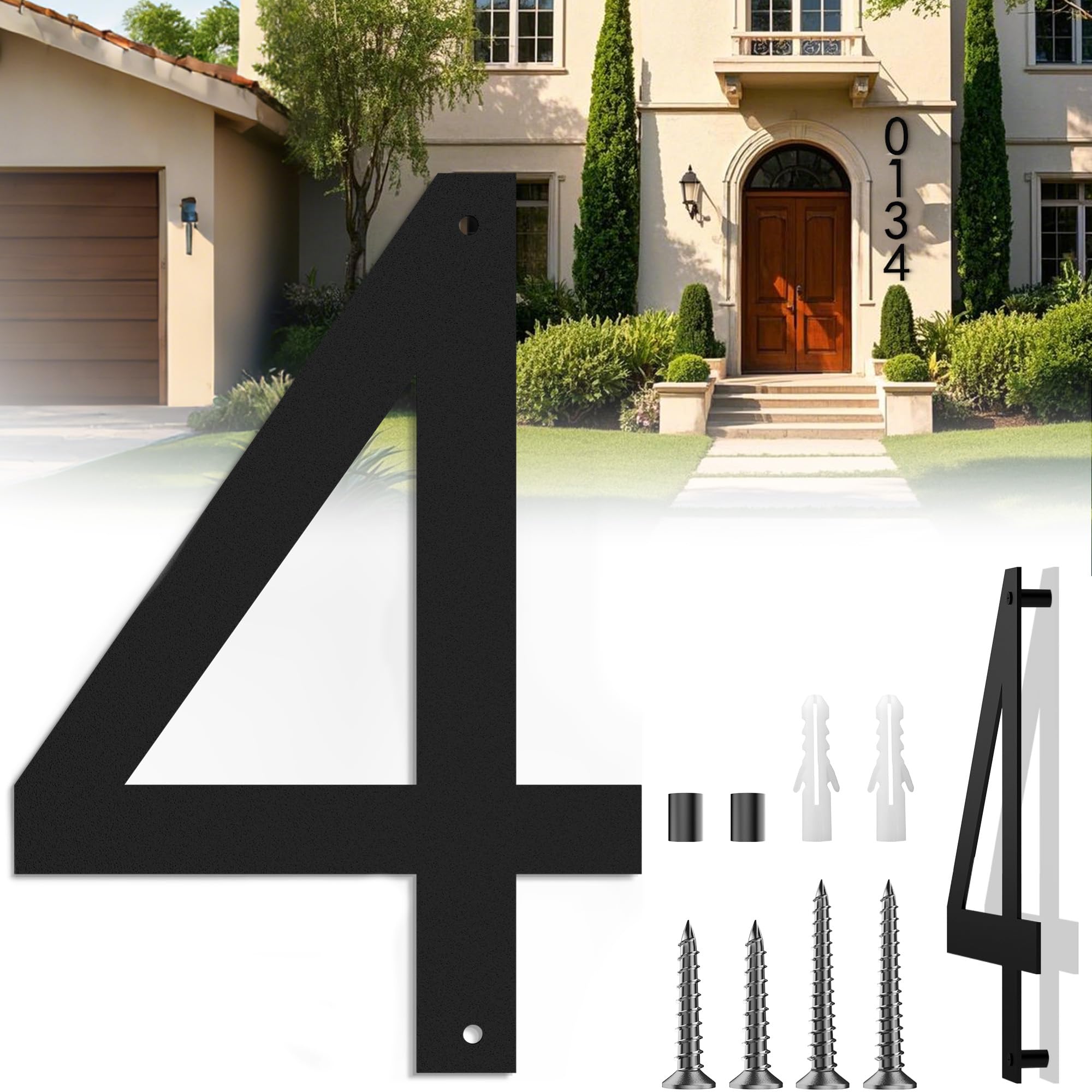 Photo 1 of 16 Inch House Numbers for Outside, Extra Large Address Numbers for House, Large Modern Floating House Numbers, Big Metal Numbers for House Outdoor, Matte Black Steel 16'' Address Number 4 (0123456789)