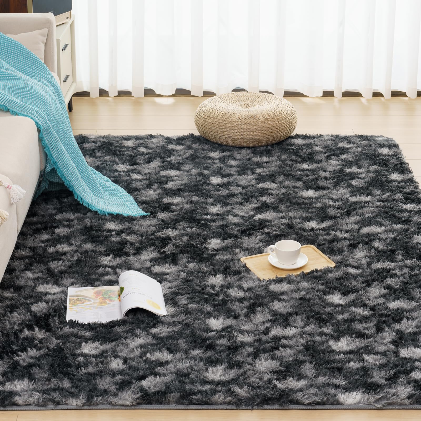 Vamcheer Tappeto Moderni Soggiorno Peloso- 8mm Tappeti Camera da Letto Avabile in Lavatrice,Tappeto pelo lungo Antiscivolo, Carpet da Salotto,Bambini,Ginnastica, 120x170 Tie-dye/Grigio scuro