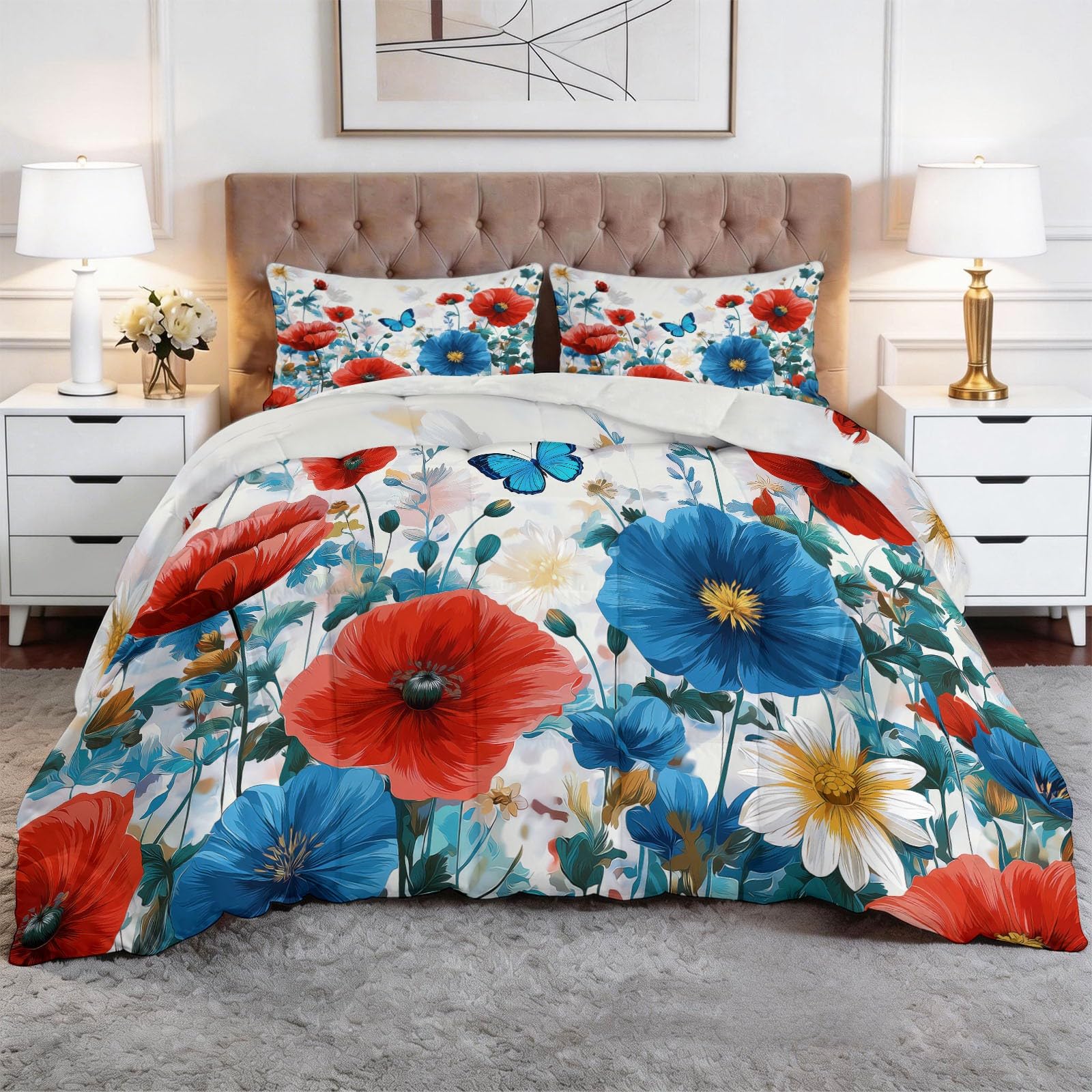 Trapunta Copriletto 150x200 cm Campagna fiori farfalle Trapuntino 4 Stagioni Stampa 3D, Trapunta Inverno Estivo, Trapuntato Coperta Letto per Adulti Bambini