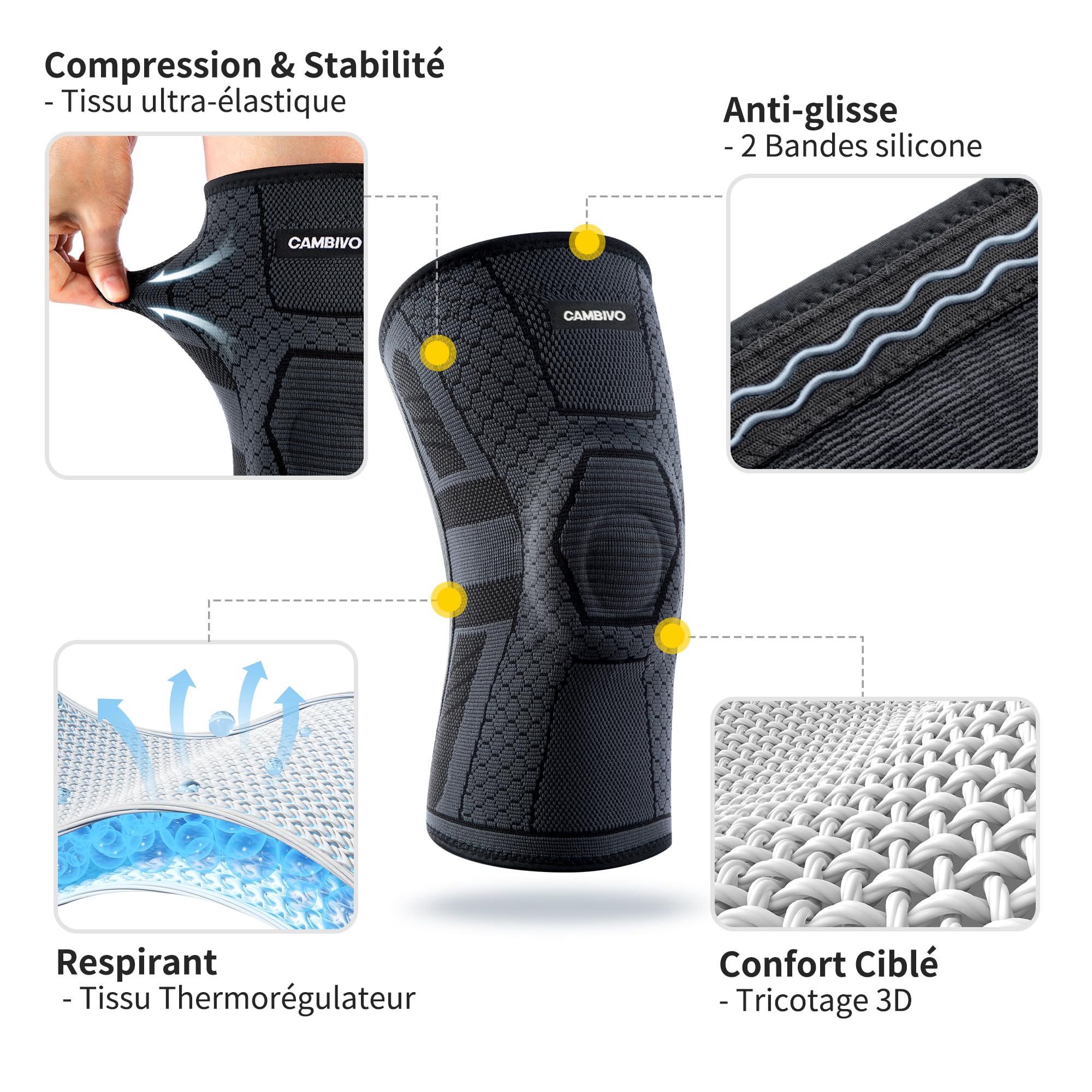 CAMBIVO Genouillere Arthrose Genou 2 Pcs, Genouillère Sport avec Stabilisateurs Latéraux en PMMA et Coussin en Gel Rotulien, Genouillère Rotulienne pour Ménisque, Douleur Genoux, Sport