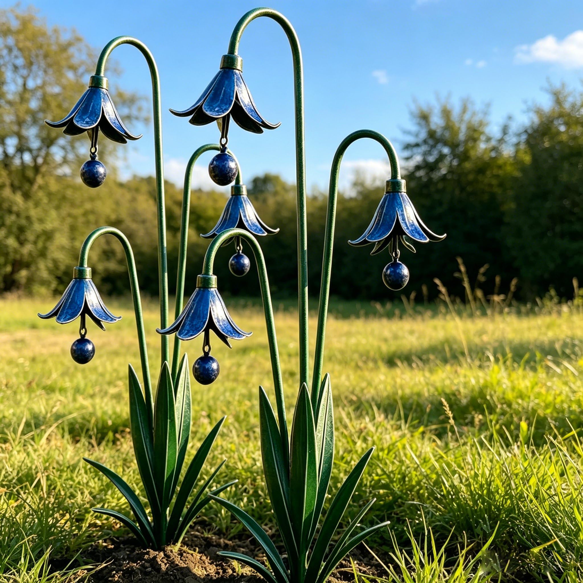 ​Triple Bluebells Garden Stake, 610x260x50mm Metal Flower Yard Art with Bells, Handmade Outdoor Wind Bell Decoration for Bluebell Garden Wind Chime