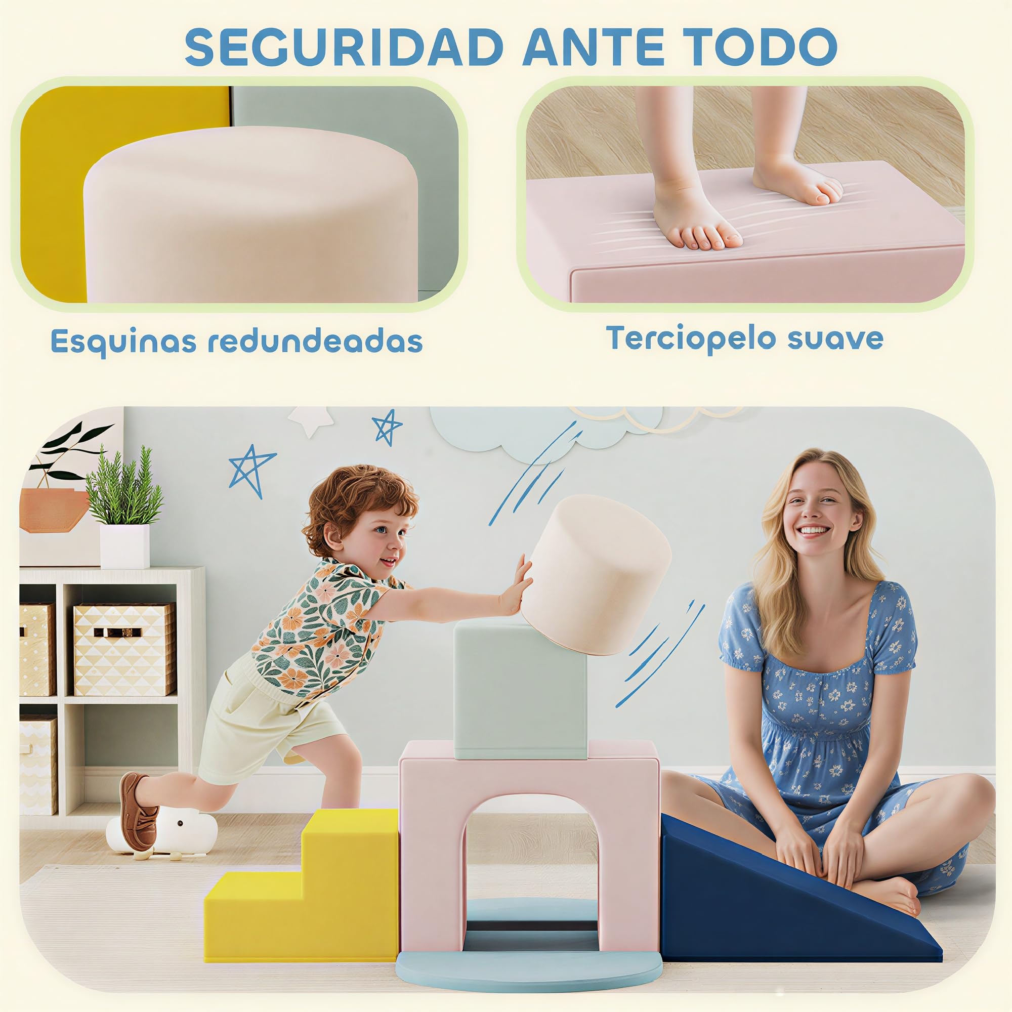 AIYAPLAY Juego de 8 Bloques de Espuma para Niños Escalar Gatear Multicolor | Bloques de Psicomotricidad, Fundas de Terciopelo Desmontables, Set de Escalada Interior
