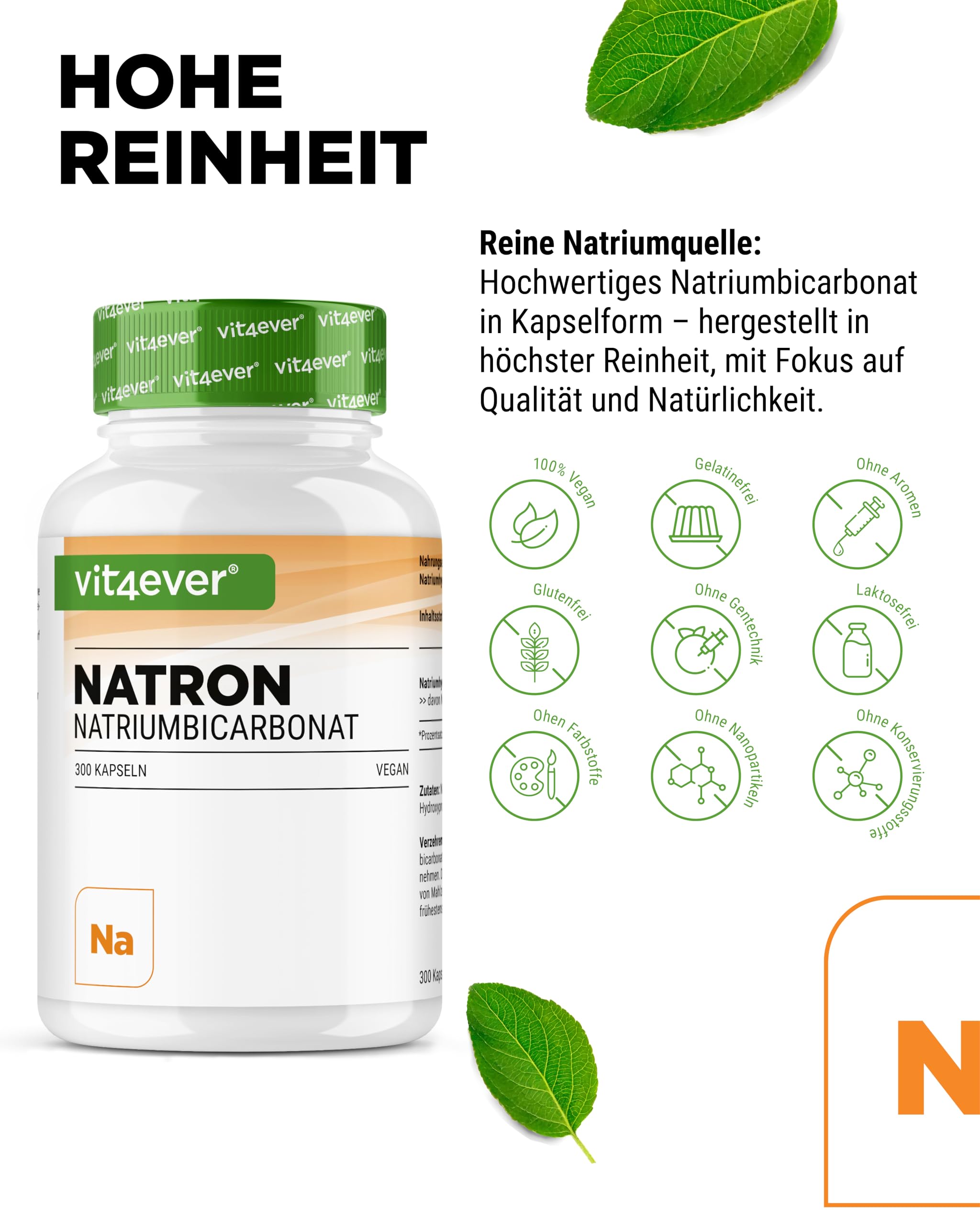 vit4ever Natron Kapseln - 300 Kapseln - 1000 mg Natron | 4000 mg Natriumhydrogencarbonat pro Tagesdosis, über 99 % Reinheit, vegan & ohne unnötige Zusätze