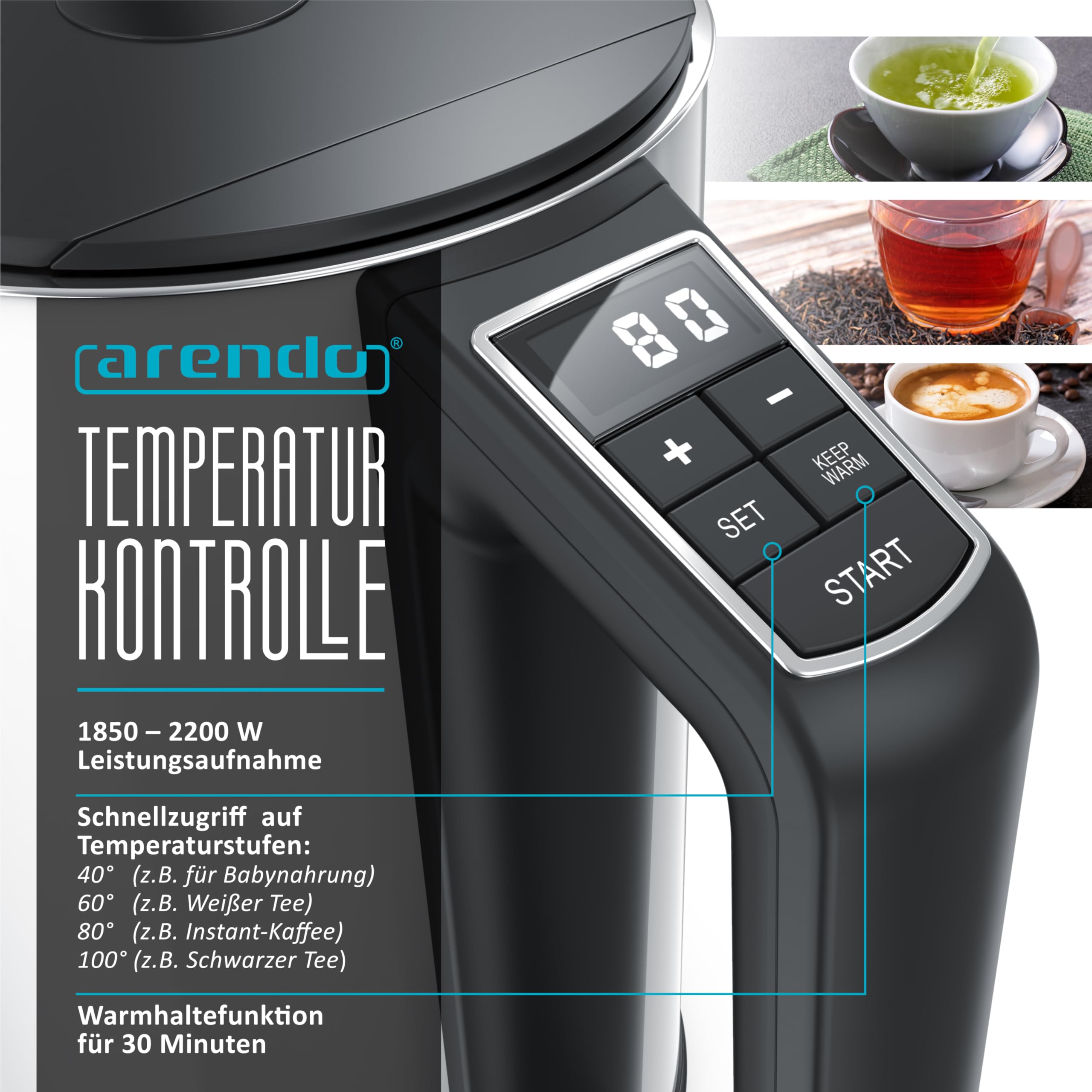 Arendo - Edelstahl Wasserkocher mit Temperatureinstellung 40-100 Grad in 5er Schritten - Doppelwand Design - Modell ELEGANT - 1,5 Liter - 2200 W - Teekocher mit Temperaturanzeige - GS - Weiß