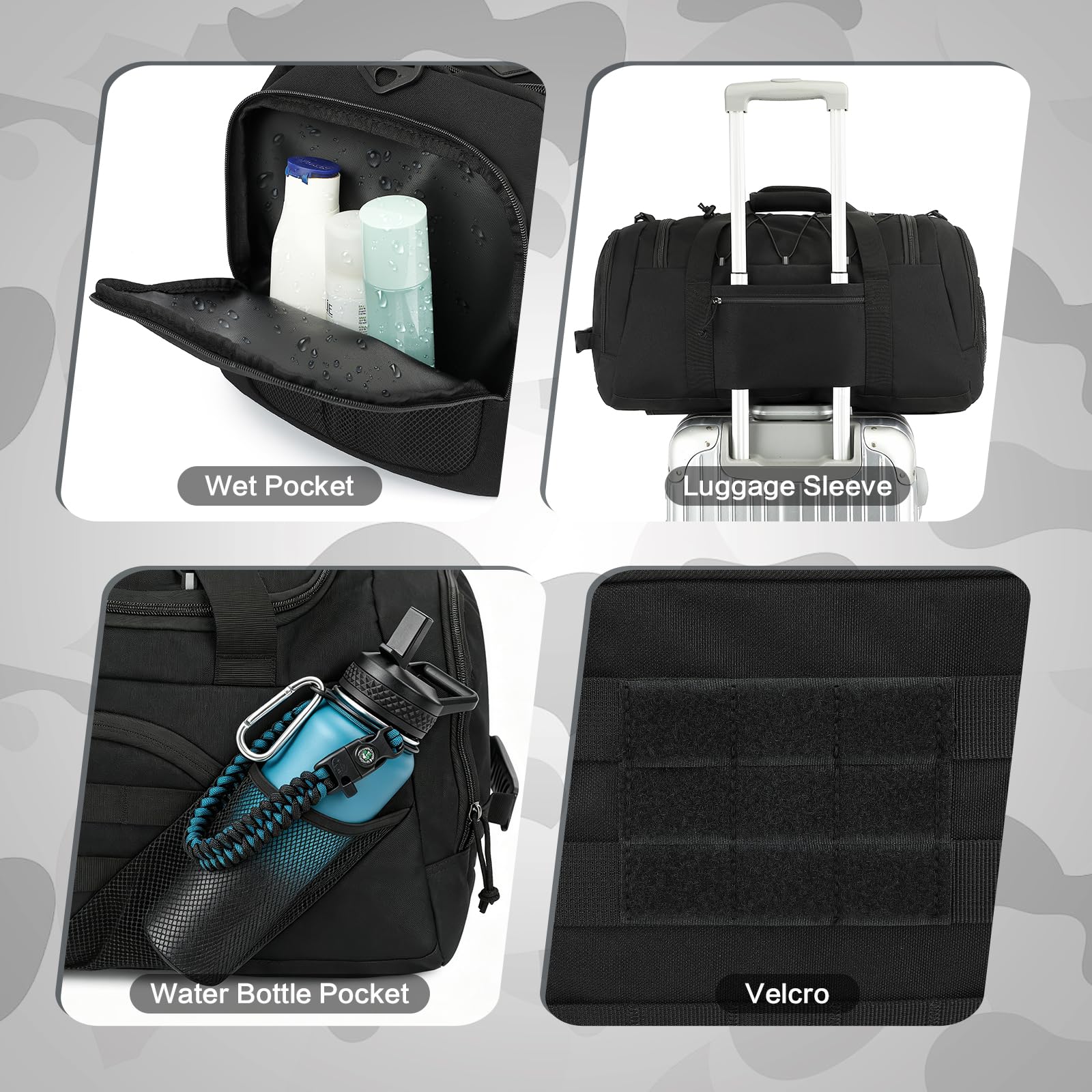 45L Sac de Voyage Tactique pour Homme 3 en 1 Sac à Dos de Sport avec Compartiment à Chaussures, Poche Humide et Sangles de Sac à Dos pour Fitness, Voyages ou Week-Ends (Noir)