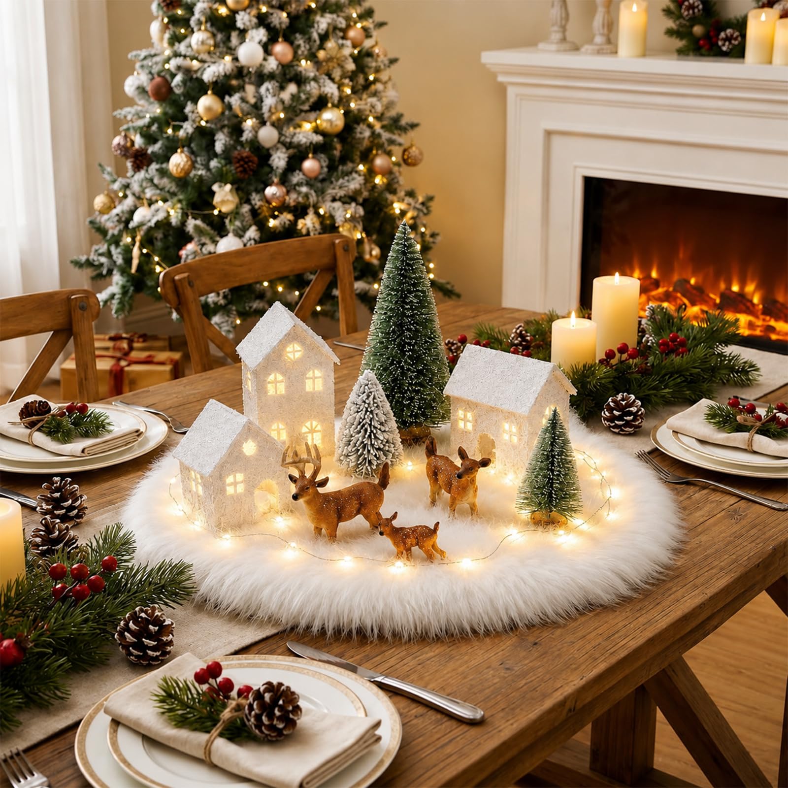 Thenshop Ensemble de village de Noël 11 pièces avec mini maisons, figurines de cerfs, arbres en sisal, couverture de neige et guirlandes lumineuses à DEL, décoration d'intérieur pour table de Noël