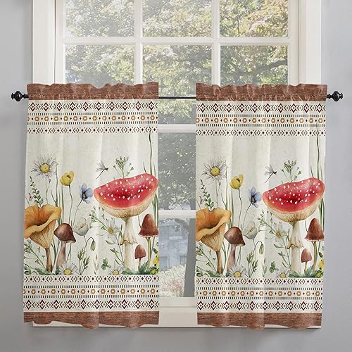 Kitchen Curtains 2 Panels Rod Pocket Tier Curtain Fall Mushroom Herb Boho Ethnic Style Window Valance,Light Filtering Window Treatment Green Leave