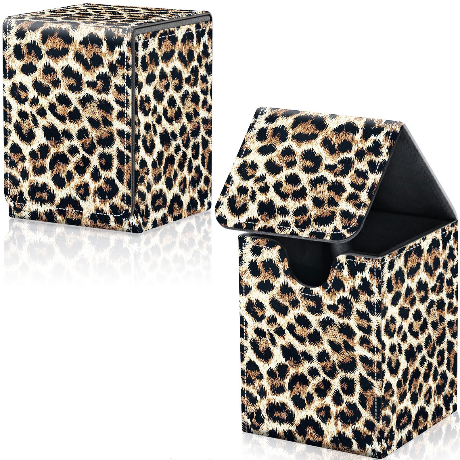 Qindaiwen Card Deck Box for Trading Cards, MTG Deck Box Fits 100+ Single Sleeved Cards, PU Leather Strong Magnet Card Deck Case Holder for Magic Commander TCG CCG, Leopard Print 2