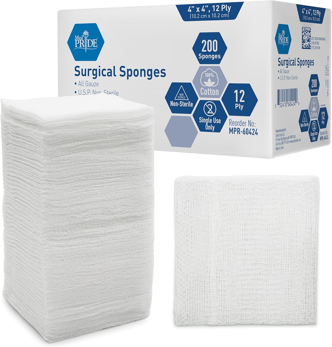 MED PRIDE Surgical Gauze Sponges,4 x 4 in,12-Ply,Non-Sterile,200-Count Pack