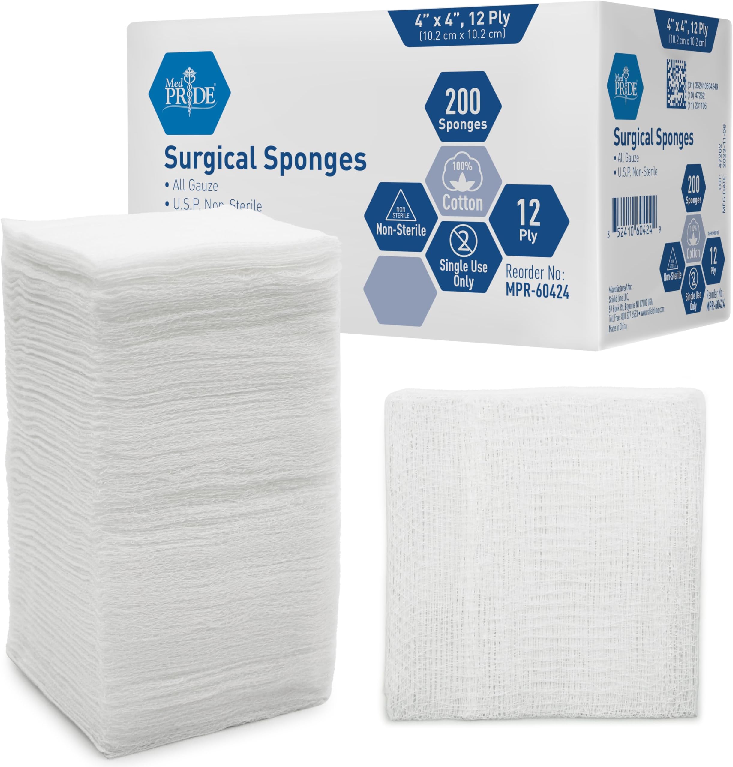 4”x 4” Gauze, 200 Surgical Sponges 12-ply Extra Absorbent | All-Gauze, Non-Sterile| Great for Wound Dressing, Prepping, Scrubbing & Cleaning| Essential First-Aid