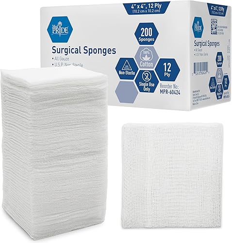 MED PRIDE Gasa de 4 x 4 pulgadas, 200 esponjas quirúrgicas de 12 capas extra absorbentes | Gasa, no estéril | Ideal para vendaje de heridas,