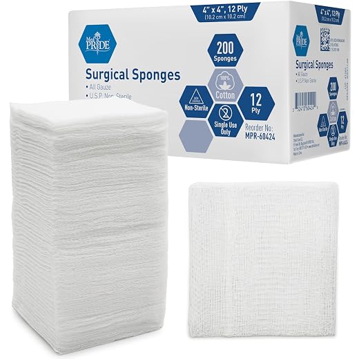 MED PRIDE Surgical Gauze Sponges,4 x 4 in,Non-Sterile,200-Count Pack (4x4 12 Ply)