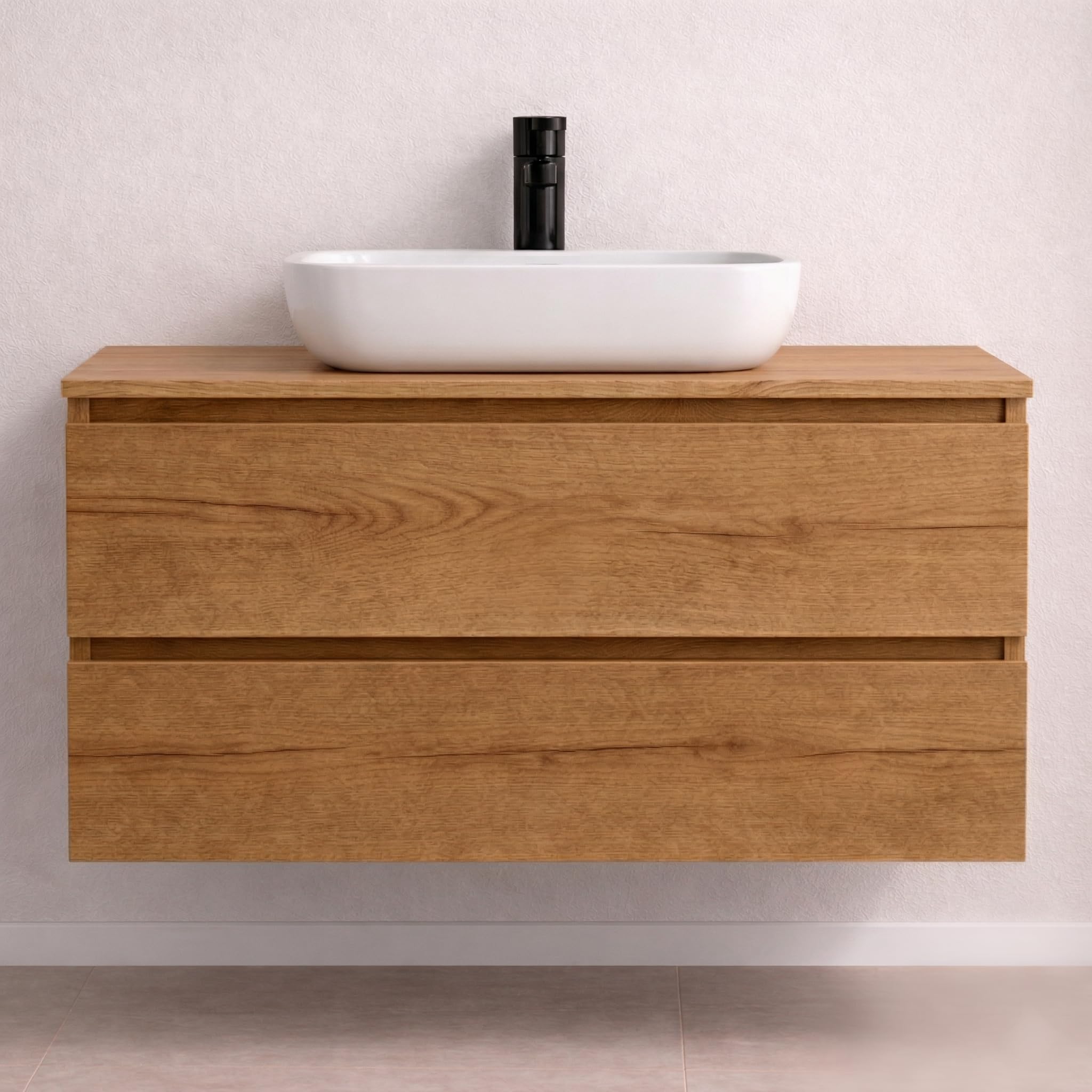 Mueble Baño con Lavabo sobre Encimera Y Espejo Mueble Suspendido De 2 Cajones con Cierre Suave Silent System Montado En Acabado Roble Gold 60 Cm Ancho 45 Cm Fondo 52 Cm Alto
