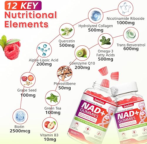 Miniatura 5 de Gomitas NAD+, suplementos NAD 12 en 1 para mujeres y hombres, NAD+ con ribósido de nicotinamida, resveratrol, quercetina para antienvejecimiento,