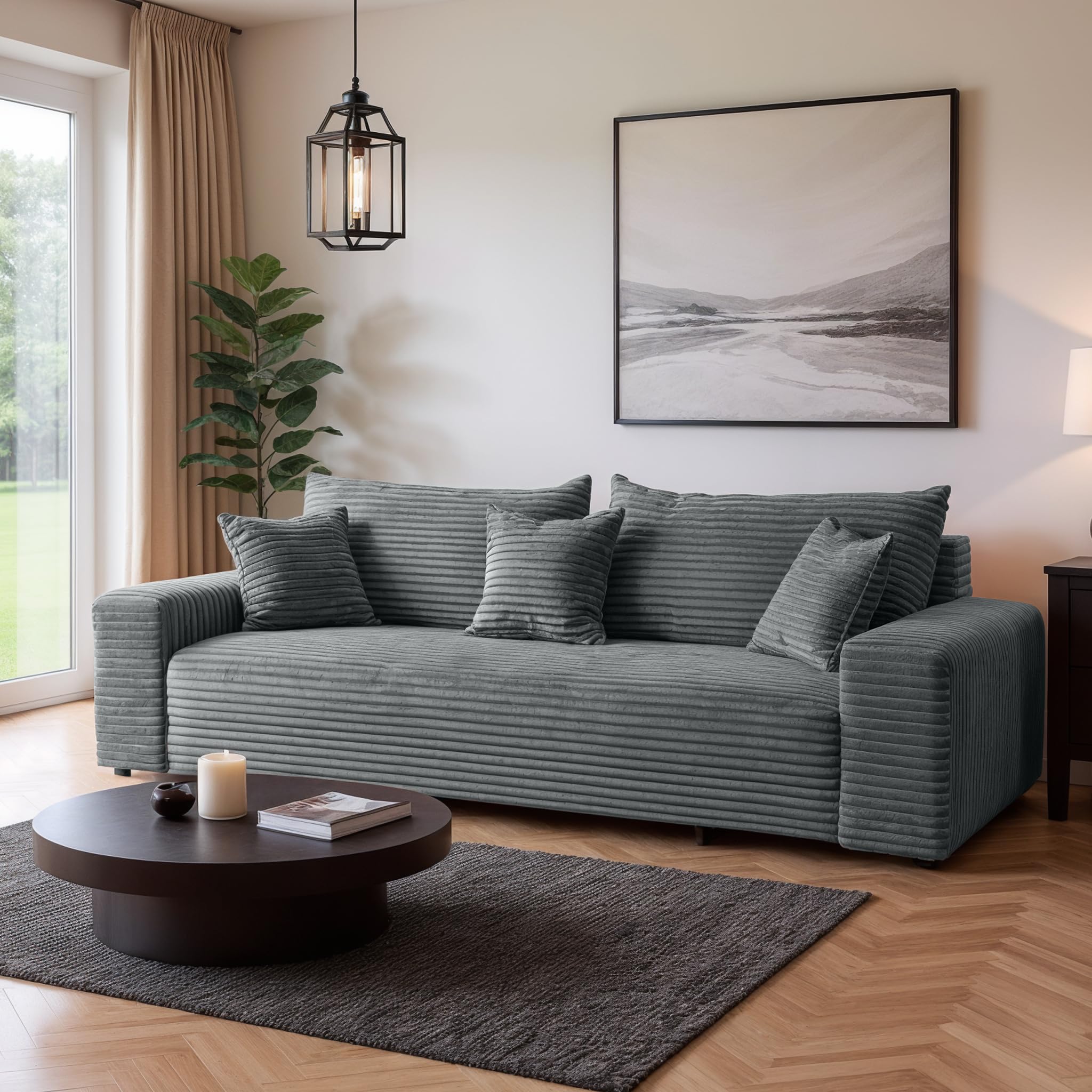 Cordo Schlafsofa 265×150 cm mit Bettkasten – Cord Sofa TILIA Breitcord, SoftTouch Komfort, 3-Sitzer Couch, abnehmbare Kissen, Easy Clean & Pet Friendly (Grau)