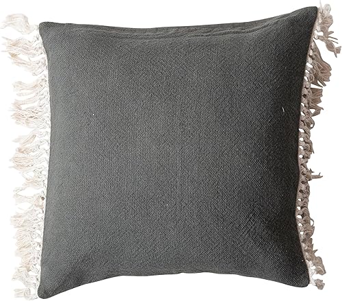 Creative Co-Op, Almohada de algodón suave verde azulado con flecos, blanco, cuadrado, natural