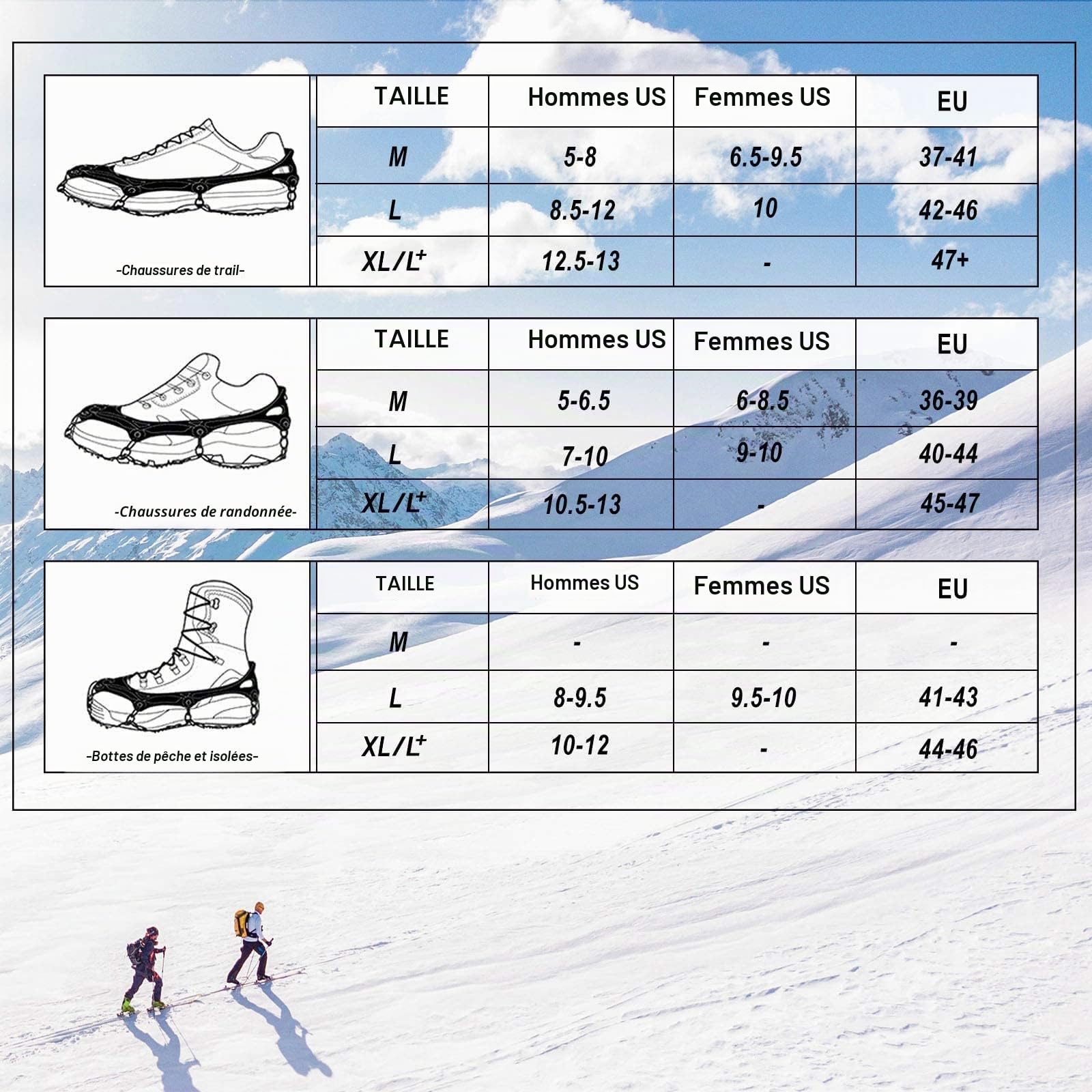 Crampons Neige Antidérapants pour Glace, Grips de Traction avec 19 Pointes en Acier Inoxydable pour Chaussures et Bottes, Hommes et Femmes, Sécurisés pour Randonnée, Pêche（Black, Medium）