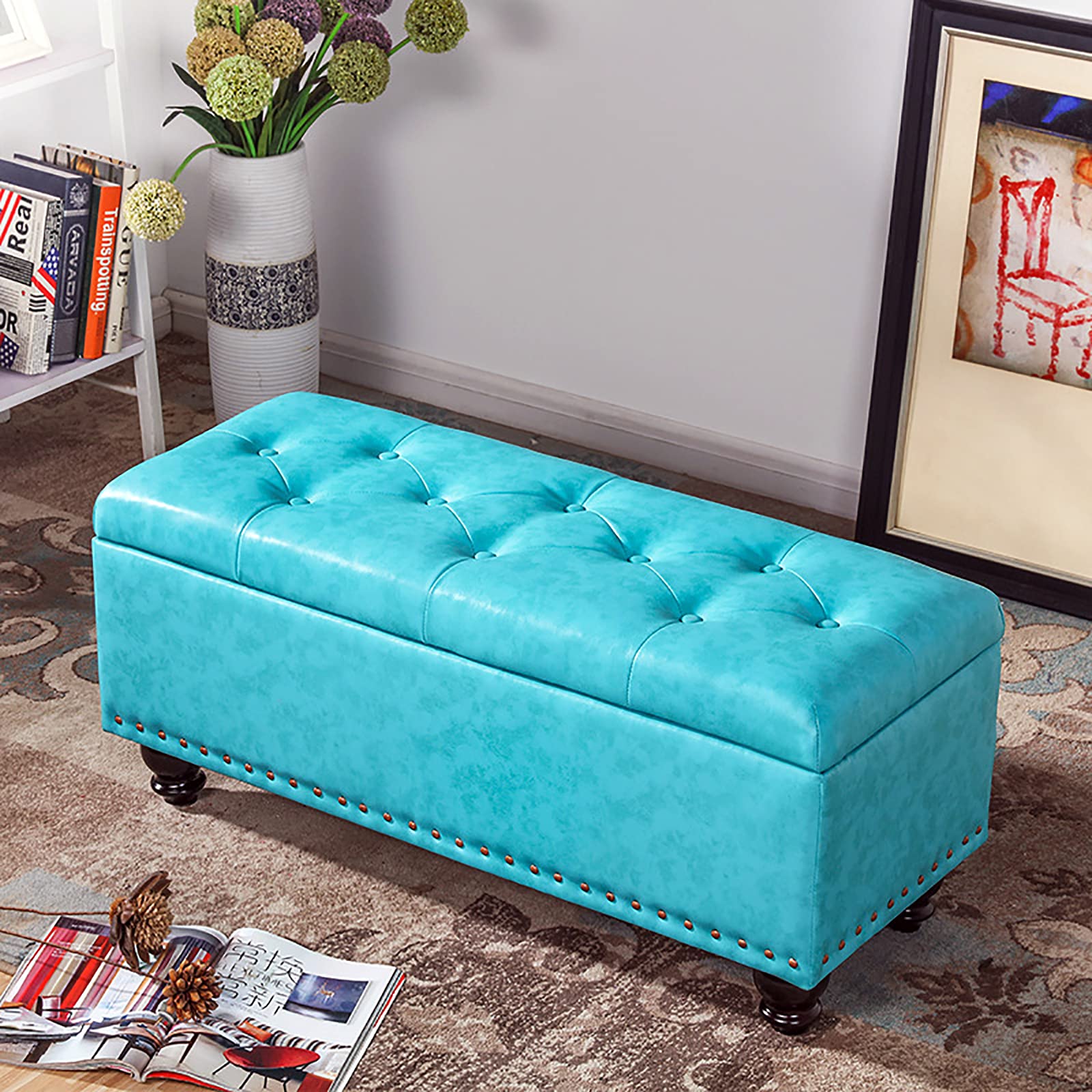 ZHANGshouf Modern Pu Leather Storage Bench for Bedroom and Living Room Sky Blue Ottoman with Multifunctional Storage Space (80x40x45cm)