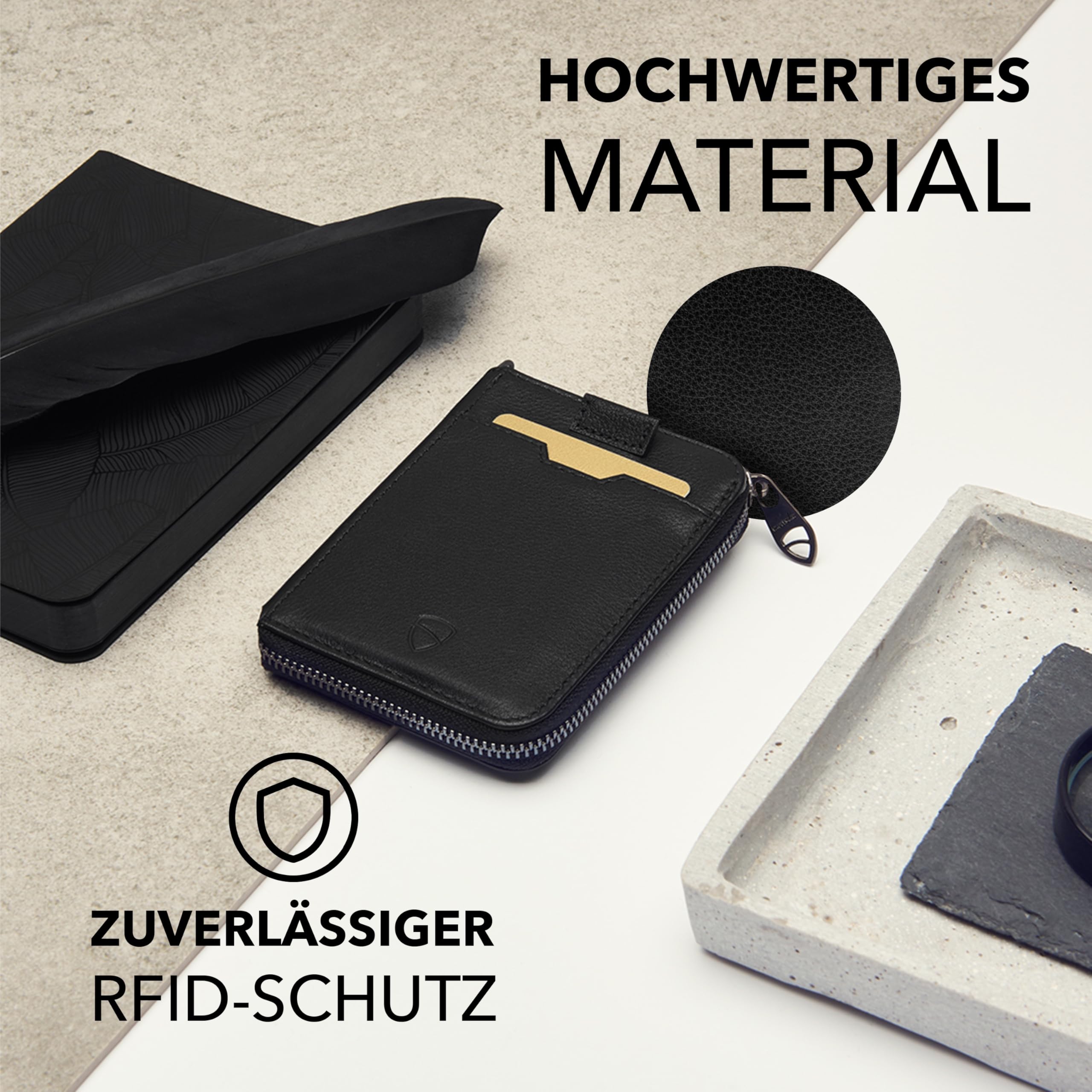 Vaultskin Notting Hill Leder Geldbörse mit Reißverschluss, RFID (Schwarz) | Kleines Portemonnaie für Damen, Herren, Portmonee klein, Münzfach, Schlüssel D-Ring, Mini Geldbeutel, 10 Karten, Geschenkbox