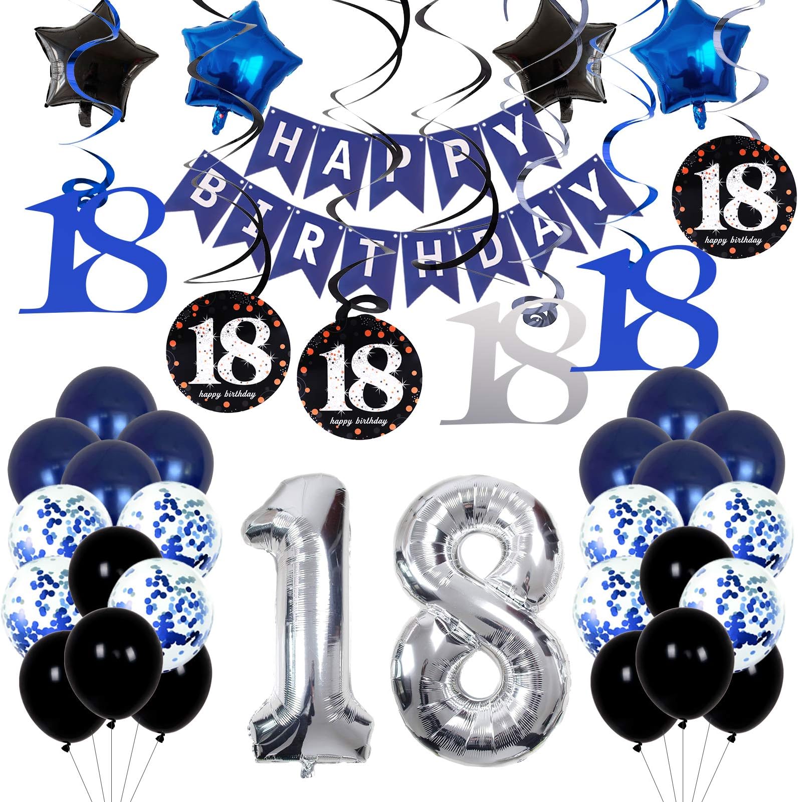 18th Birthday Decorations for Boys and Girls Dark Blue, HAPPY BIRTHDAY Banner Silver Number 18 Balloons, Deep Blue Theme Party for Him - 18 Years Old Birthday Party Supplies Kit for Her