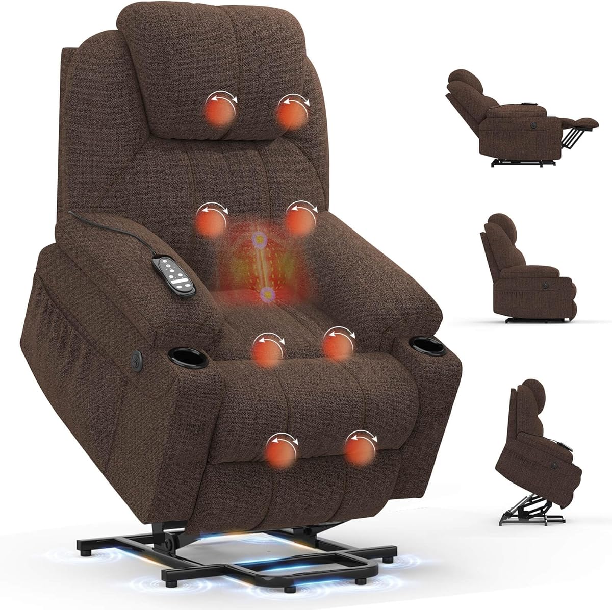 Recliner Armchair Lift Chair For the Elderly, Power Recliner Chair with Massage & Heat, Extended Footrest, Type C+USB Ports, 2 Cup Holders, Dual Side Pockets Reclining Chairs Lounge Sofa