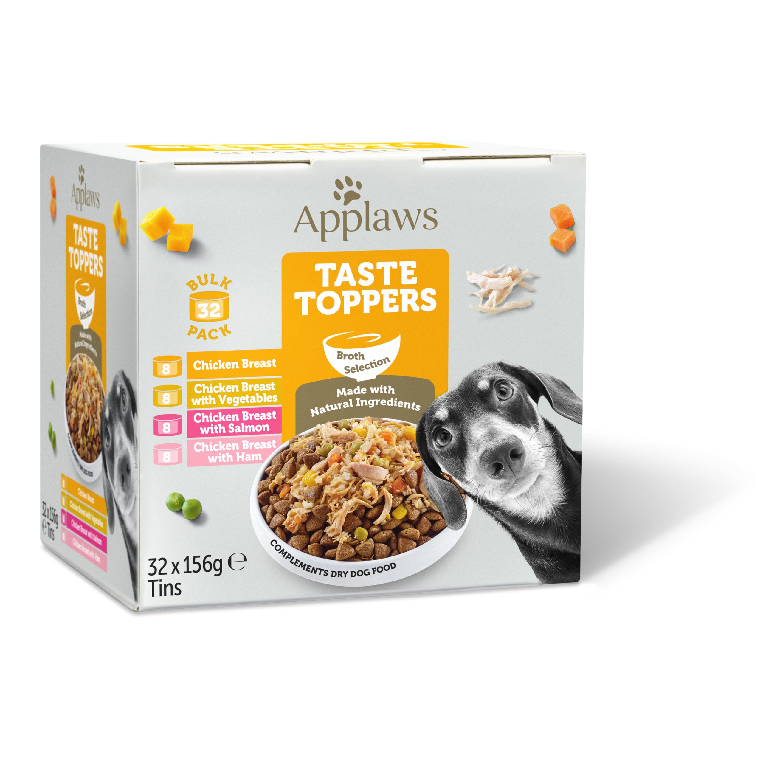 Applaws 100% Natural Wet Dog Food Topper, Chicken Selection in Broth, 156g Tin (Pack of 32 Cans) Bulk Pack