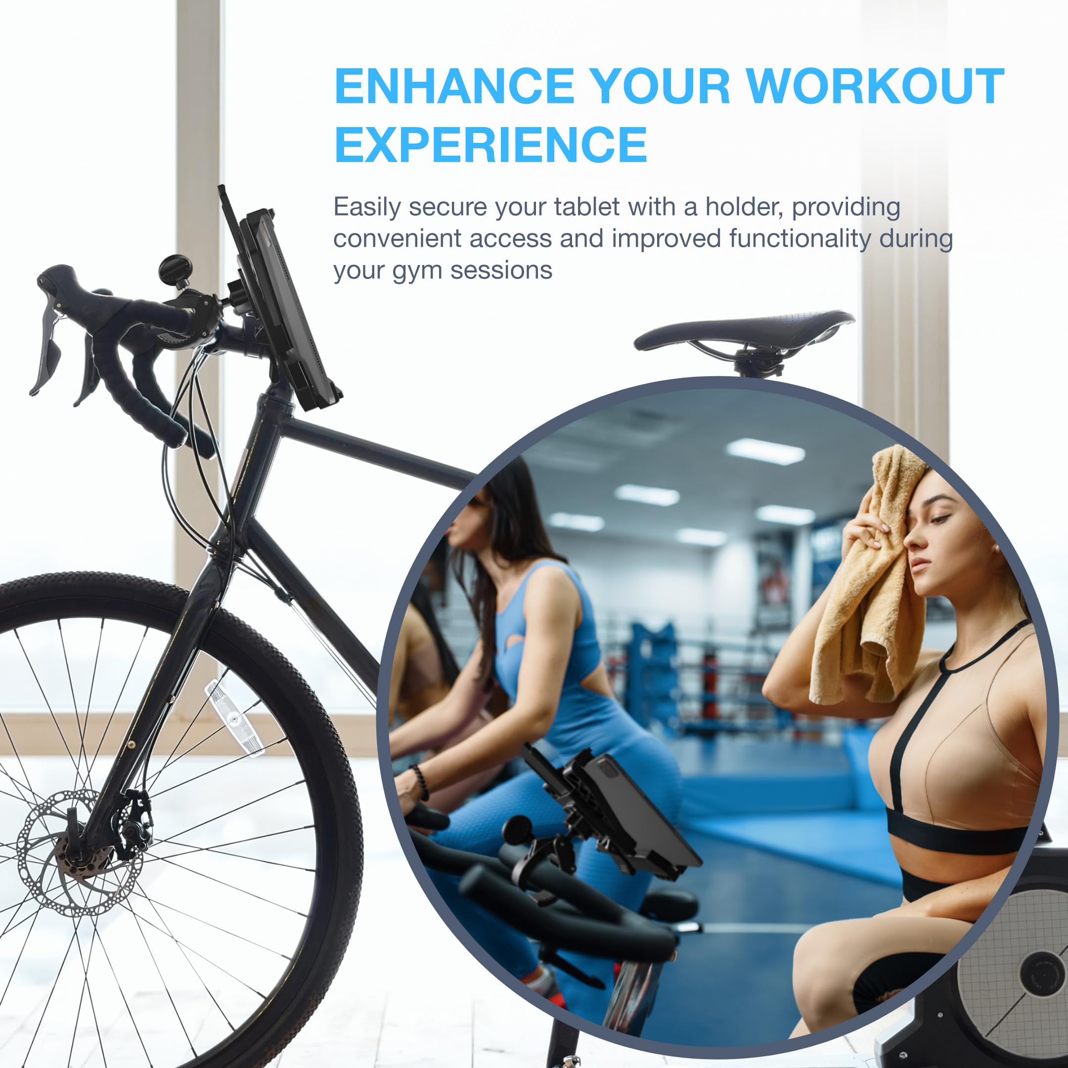 Randconcept - Treadmill Tablet Holder, Elliptical Tablet Holder, Large Clamp for Indoor Exercise Stationary Spin Bike, Mic Stand for iPad Pro 12.9 Air Mini Galaxy Tabs 5-13