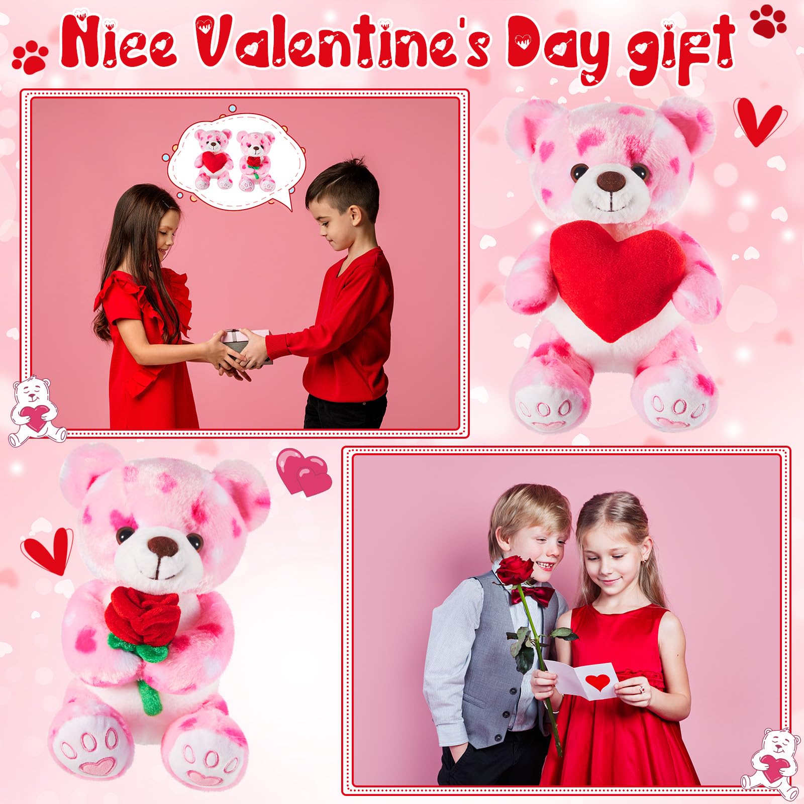 Shappy 4 Pcs Valentine's Day Love Plush Bear Stuffed Animal Soft Bear Plush Holding Heart Kawaii Pink Stuffed Bears for Boys Girls Valentine Day Gift